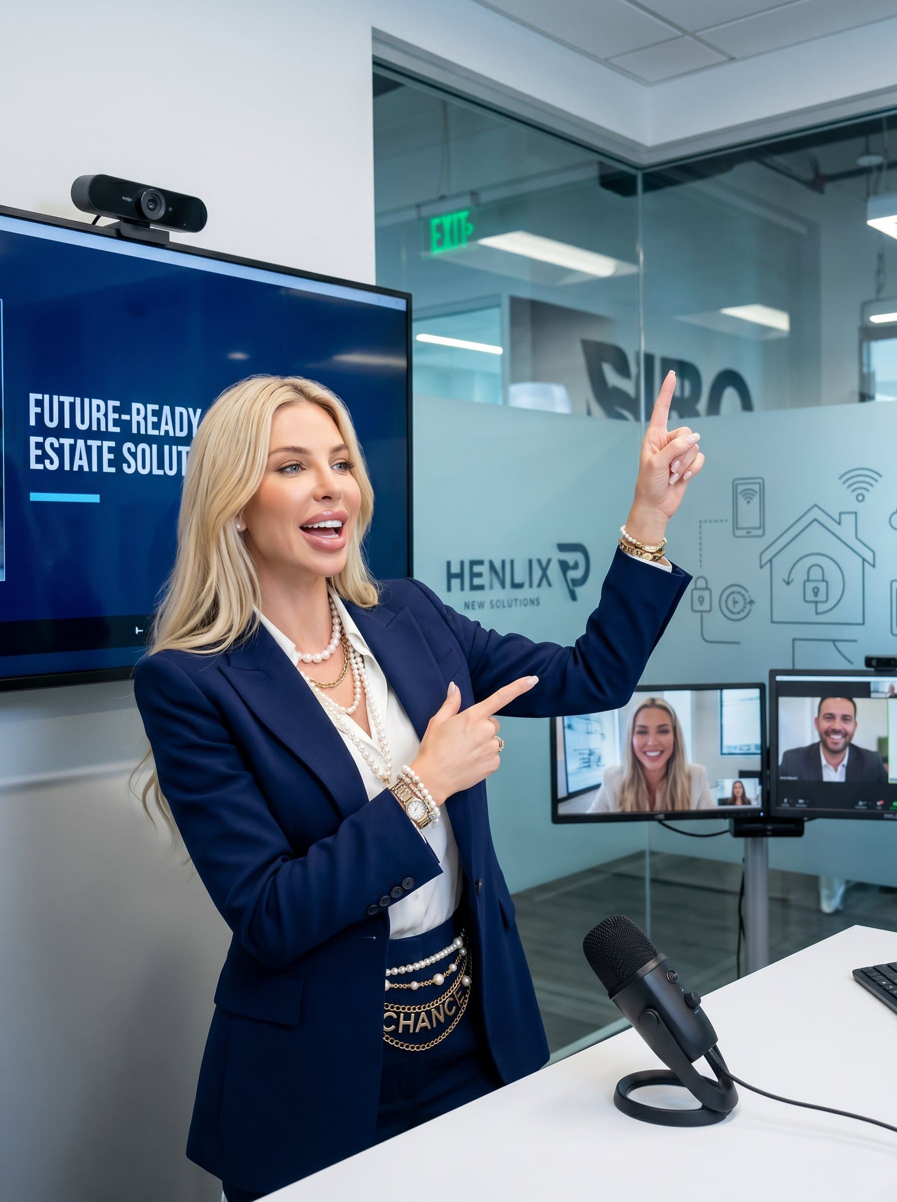 smartly dressed in a trim blazer, energetically gesturing during a virtual presentation in a sleek, tech-enhanced meeting room, showcasing enthusiasm and innovation in real estate solutions.