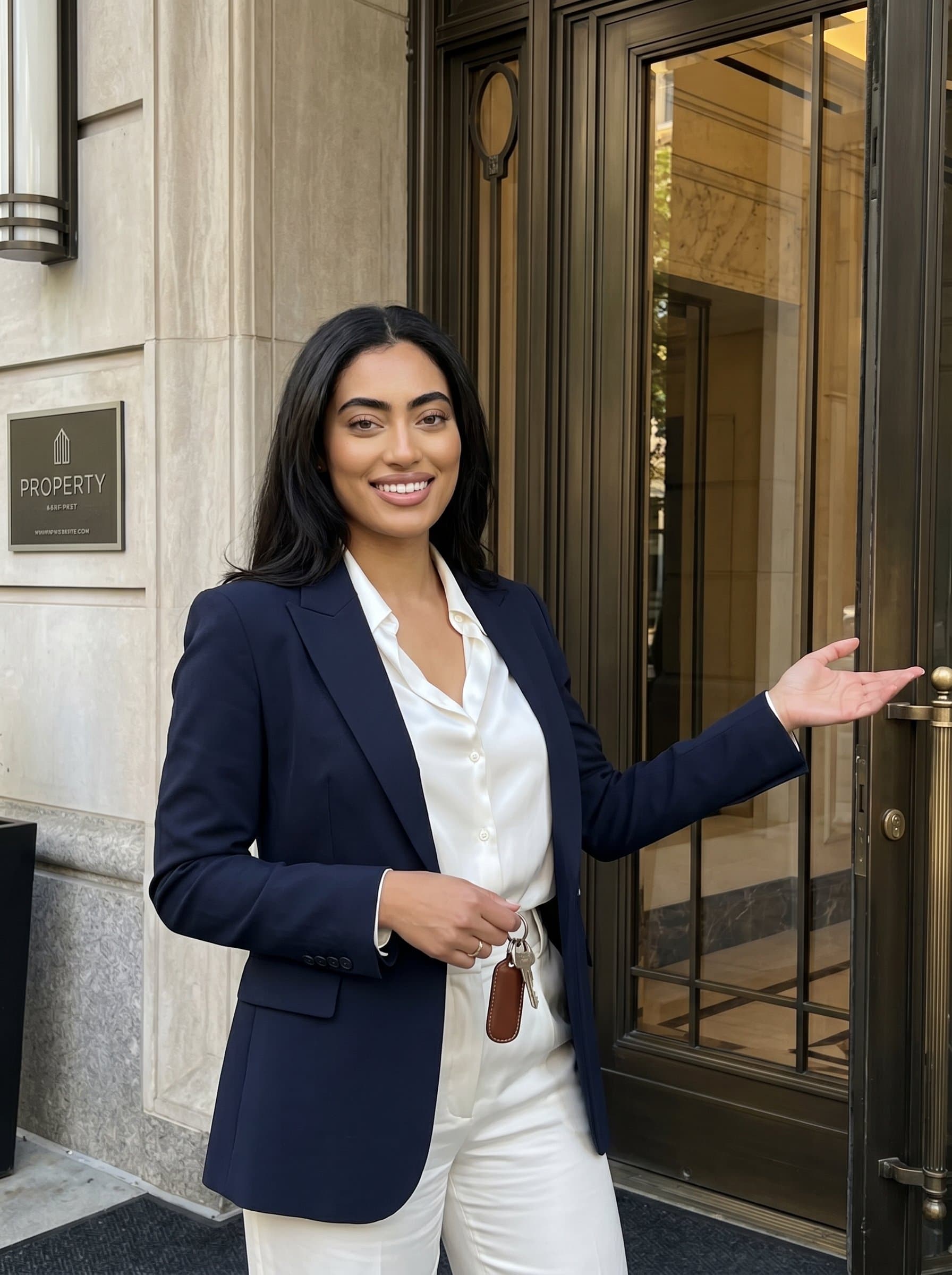 with a polished, confident appearance, holding a set of keys in their hand, standing by a luxury apartment entrance, perfecting the image of a high-end property specialist.