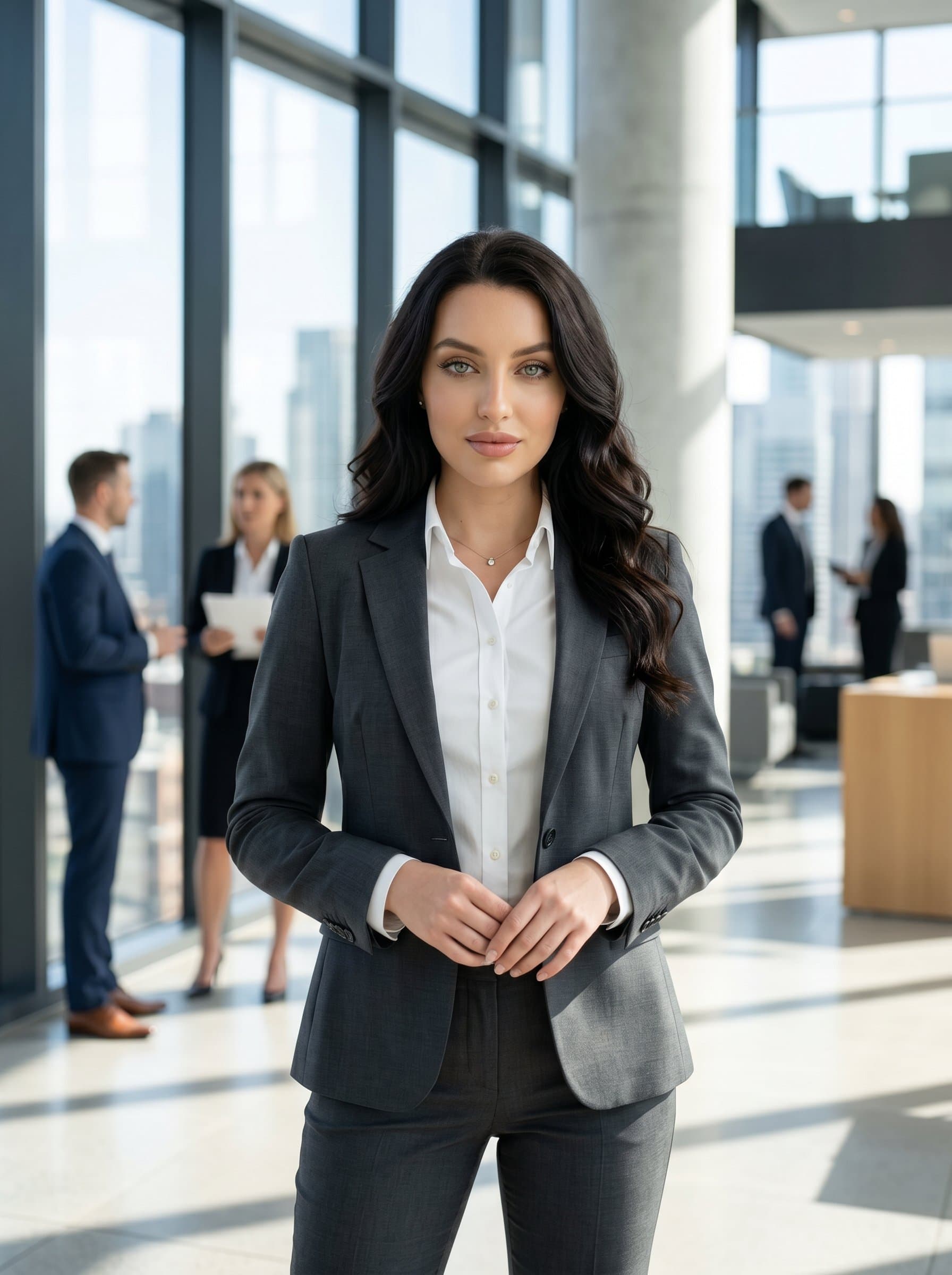 in a sleek, tailored business suit, standing confidently in a modern office lobby with floor-to-ceiling windows, natural light enhancing their professional demeanor, subtle cityscape visible in the background.