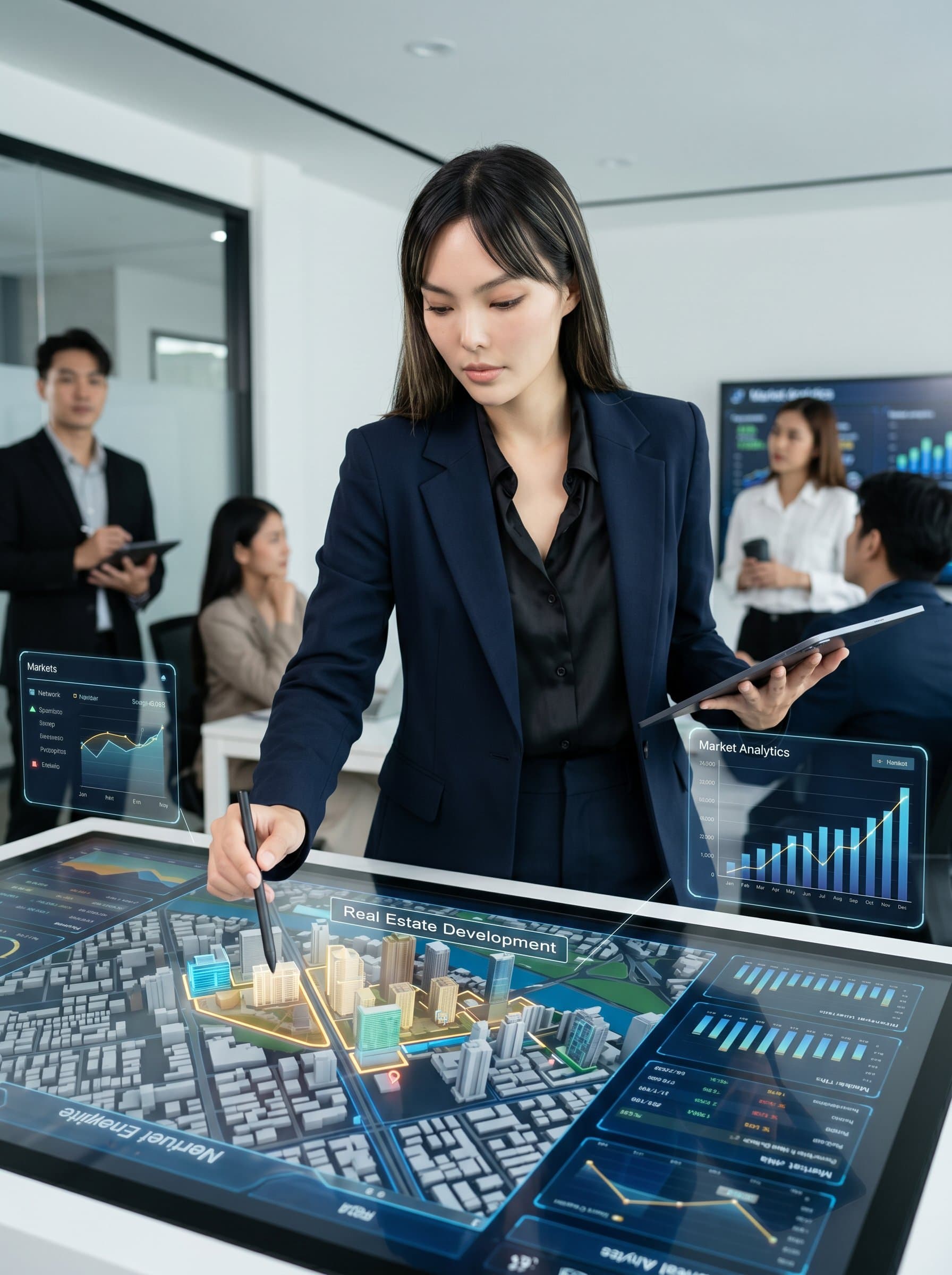 in a sophisticated outfit, engaging with a virtual map of a city on a large screen, demonstrating their strategic insight and tech proficiency in the realm of real estate.
