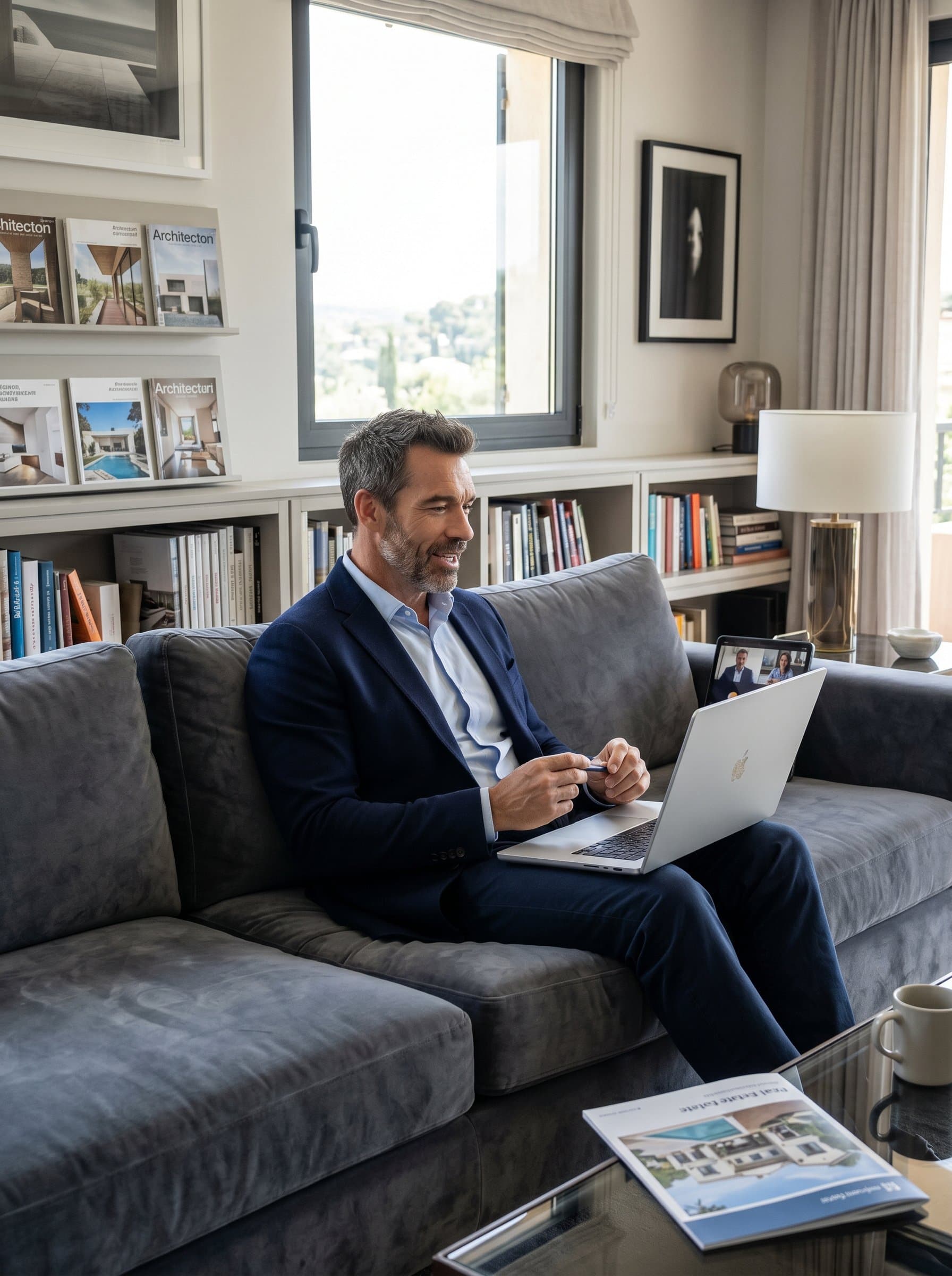 sitting comfortably on a plush sofa, engaged in a virtual meeting on a laptop, surrounded by tasteful, contemporary decor, embodying the adaptability and professionalism of a modern realtor.