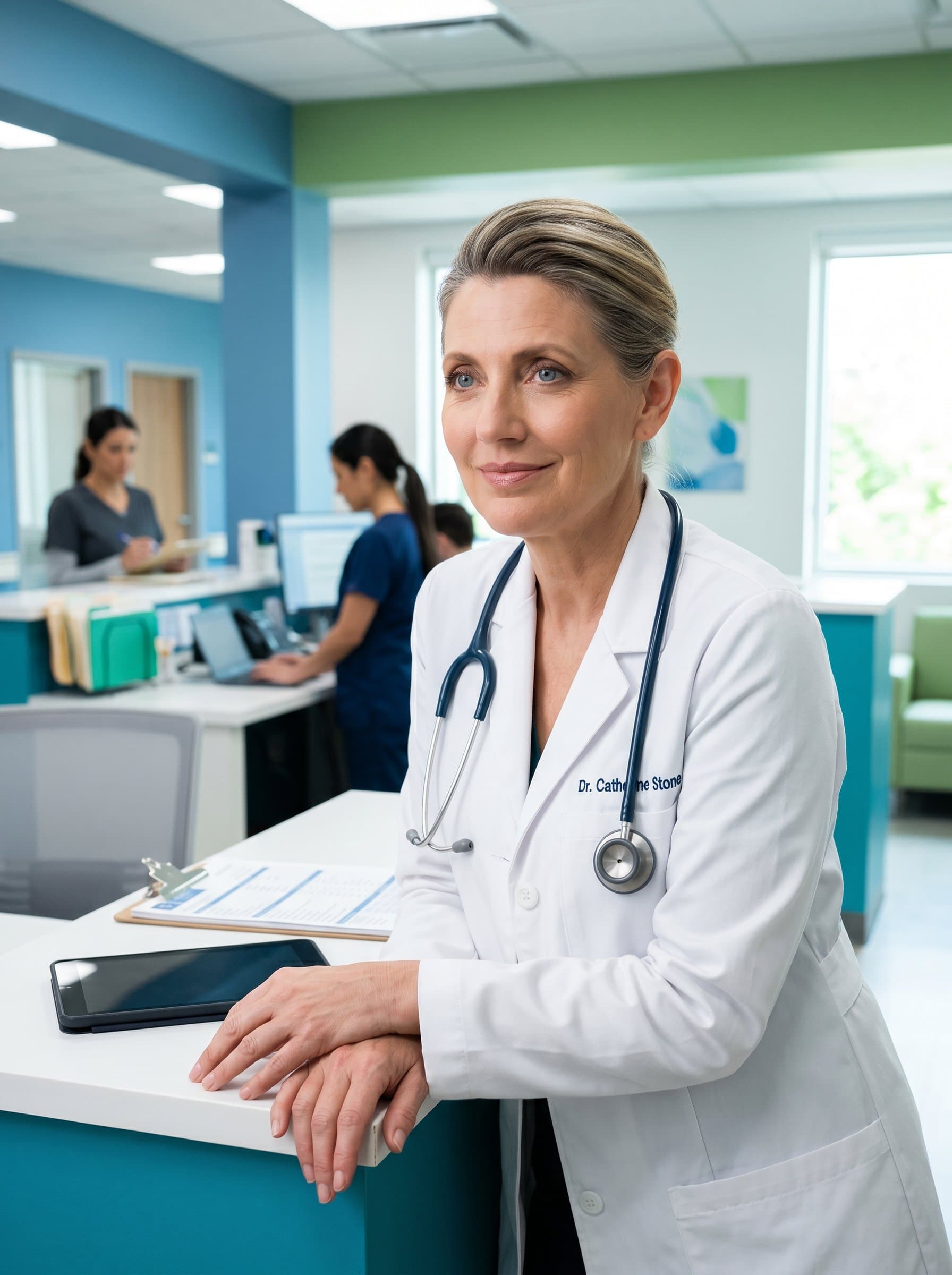 leaning against a nurse's station, wearing a white coat with a stethoscope, a gentle smile and attentive gaze suggesting approachability and expertise, vibrant colors evoking a sense of trust and care.
