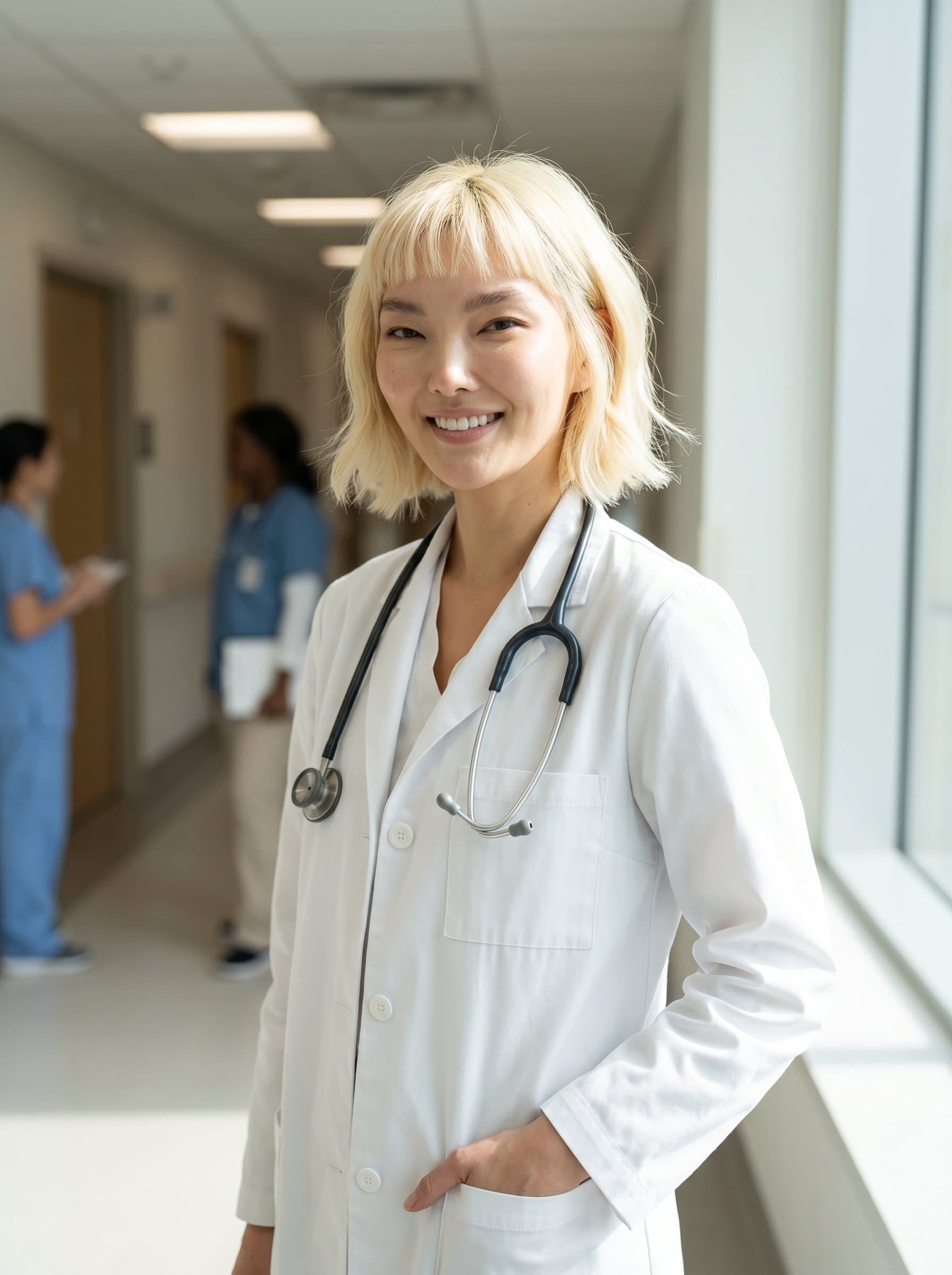 standing confidently in a hospital corridor, wearing a white coat, exuding warmth and professionalism with a stethoscope casually draped around their neck, natural light highlighting their empathetic expression.
