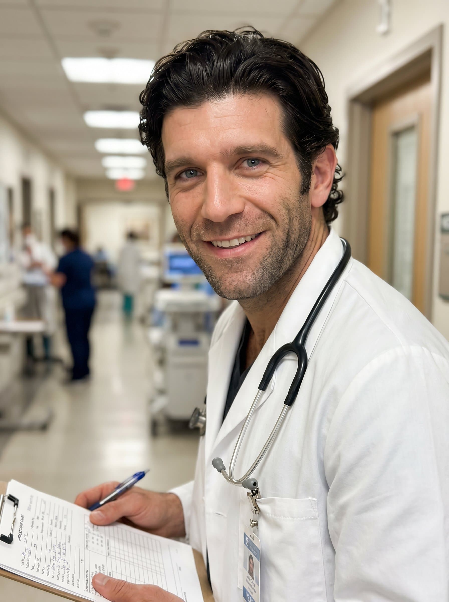 Against a soft-focus hospital background, in a white coat, holds a chart, their smile genuine and eyes focused, encapsulating the dual aspects of thoroughness and approachability in patient care.