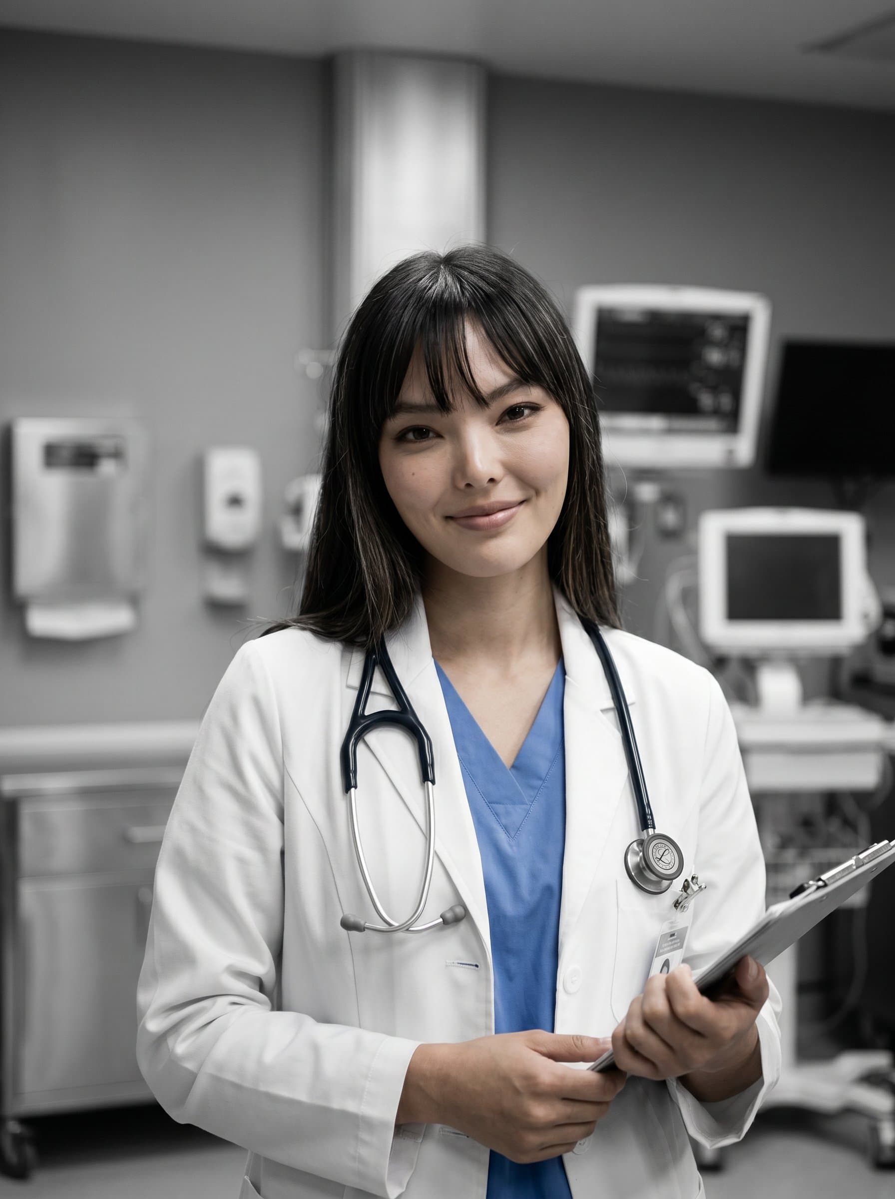 in a monochromatic medical space, the contrast of their white coat and stethoscope against muted tones emphasizing their role, their expression a comforting balance of professionalism and warmth.