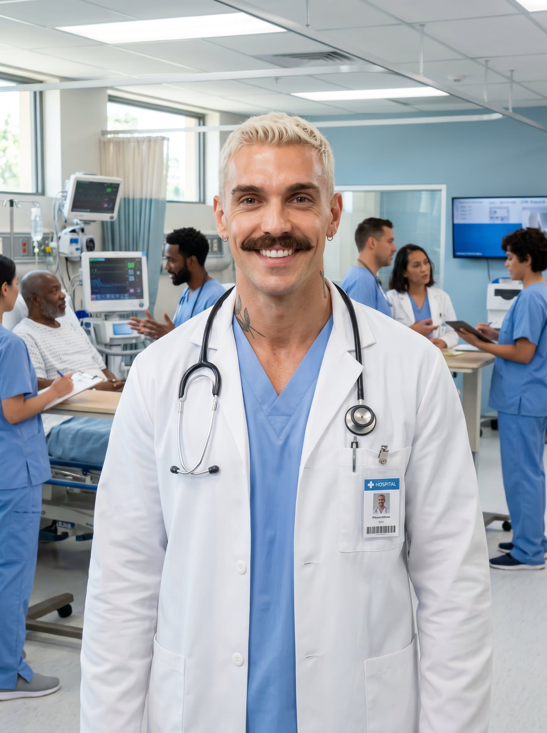Inside a vibrant hospital ward, is shown in a white coat, stethoscope visible, with a welcoming demeanor, their professional stance highlighting both trust and innovation in the nursing profession.