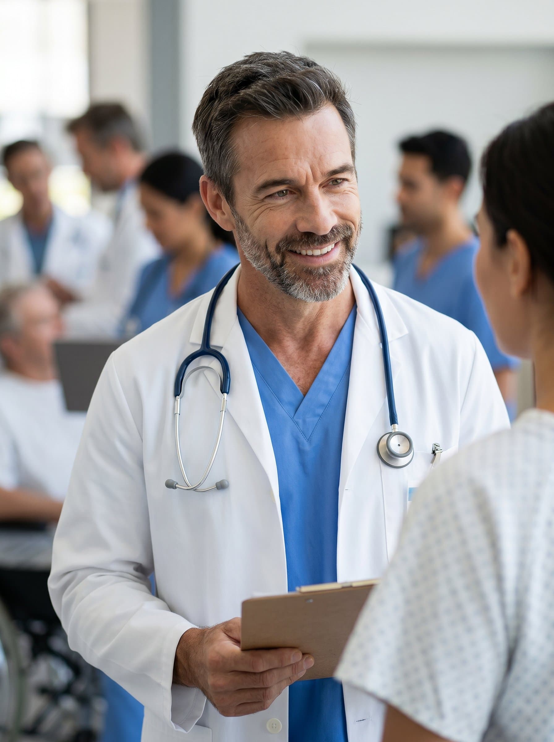 In a busy healthcare setting, is captured mid-conversation, white coat and stethoscope visible, their eyes reflecting understanding and dedication, creating a comforting atmosphere for those they care for.