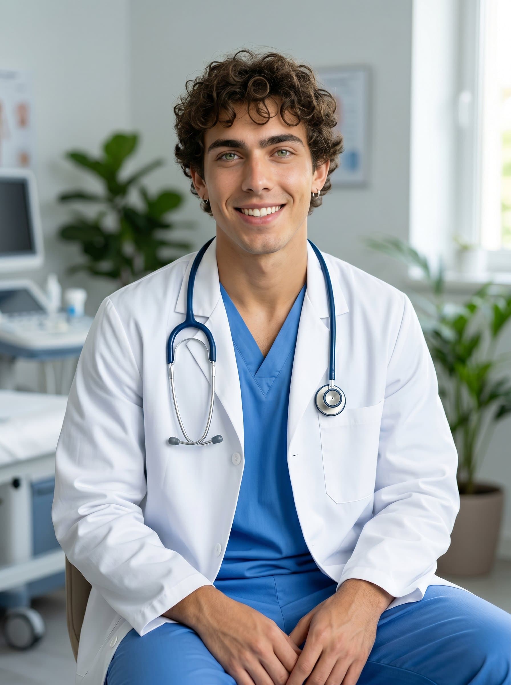 Amidst a serene clinic backdrop, is seated with a stethoscope, their posture relaxed yet assured, white coat crisp, projecting warmth and competence, inviting patient interaction through an engaging appearance.