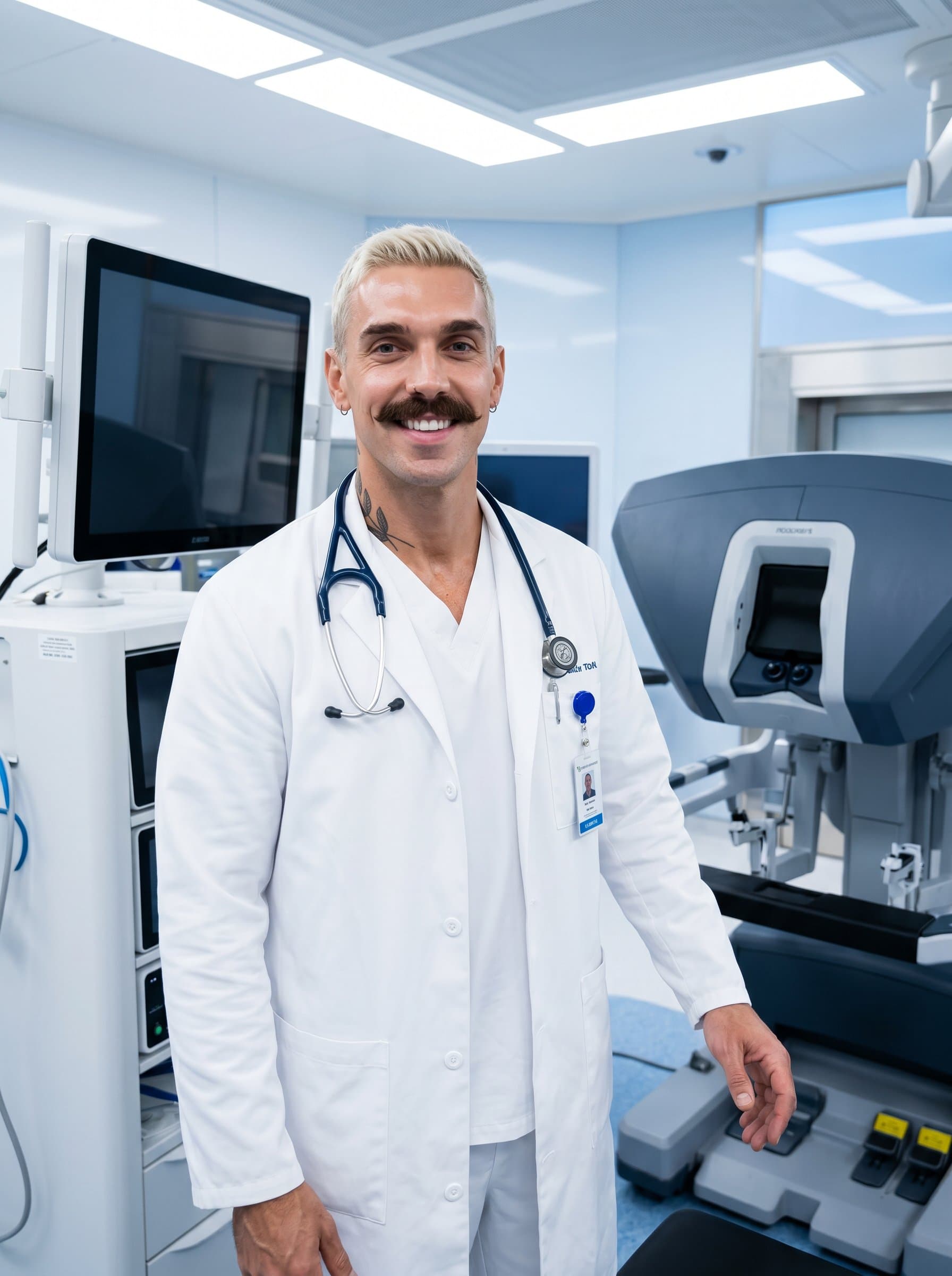 In a contemporary healthcare facility, stands near modern medical equipment, white coat and stethoscope evident, their expression warm and inviting, embodying the future of patient-centered care.