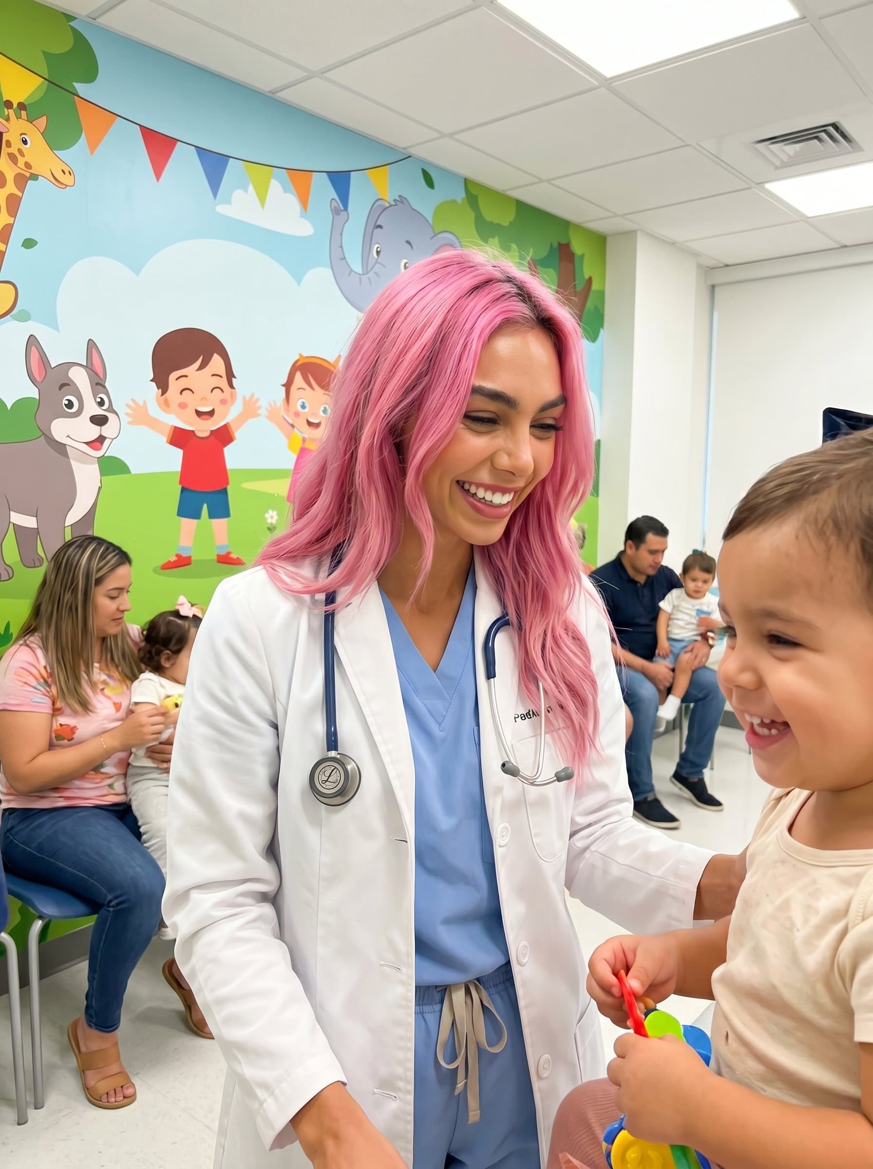 depicted in front of a vibrant mural in a pediatric clinic, white coat friendly and stethoscope looped, their face expressing joy and assurance, bridging professionalism with child-friendly care.