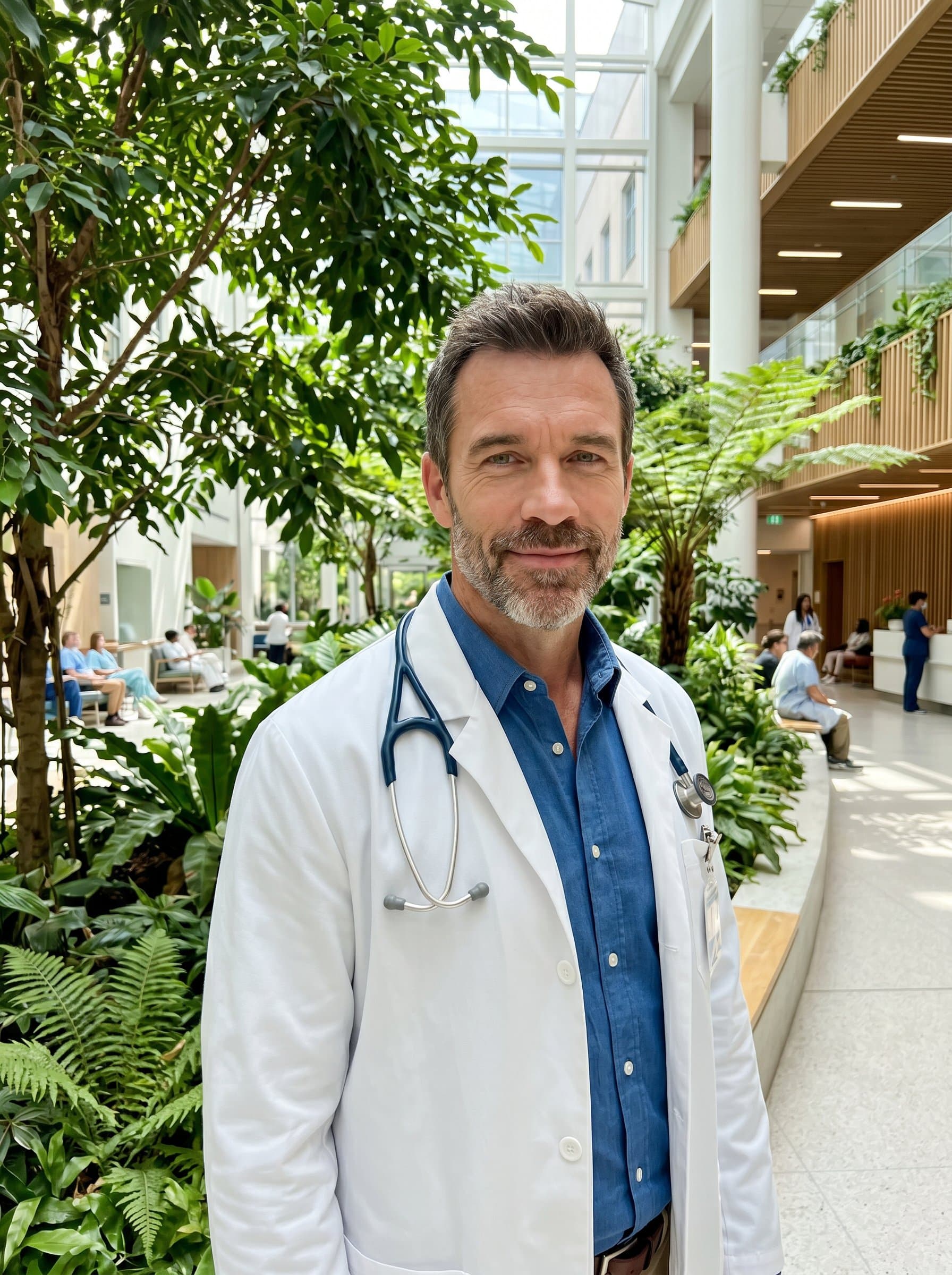 Next to a plant-filled hospital atrium, in a white coat and stethoscope exudes tranquility and competence, their serene smile suggesting a harmonious blend of nature and medical expertise.