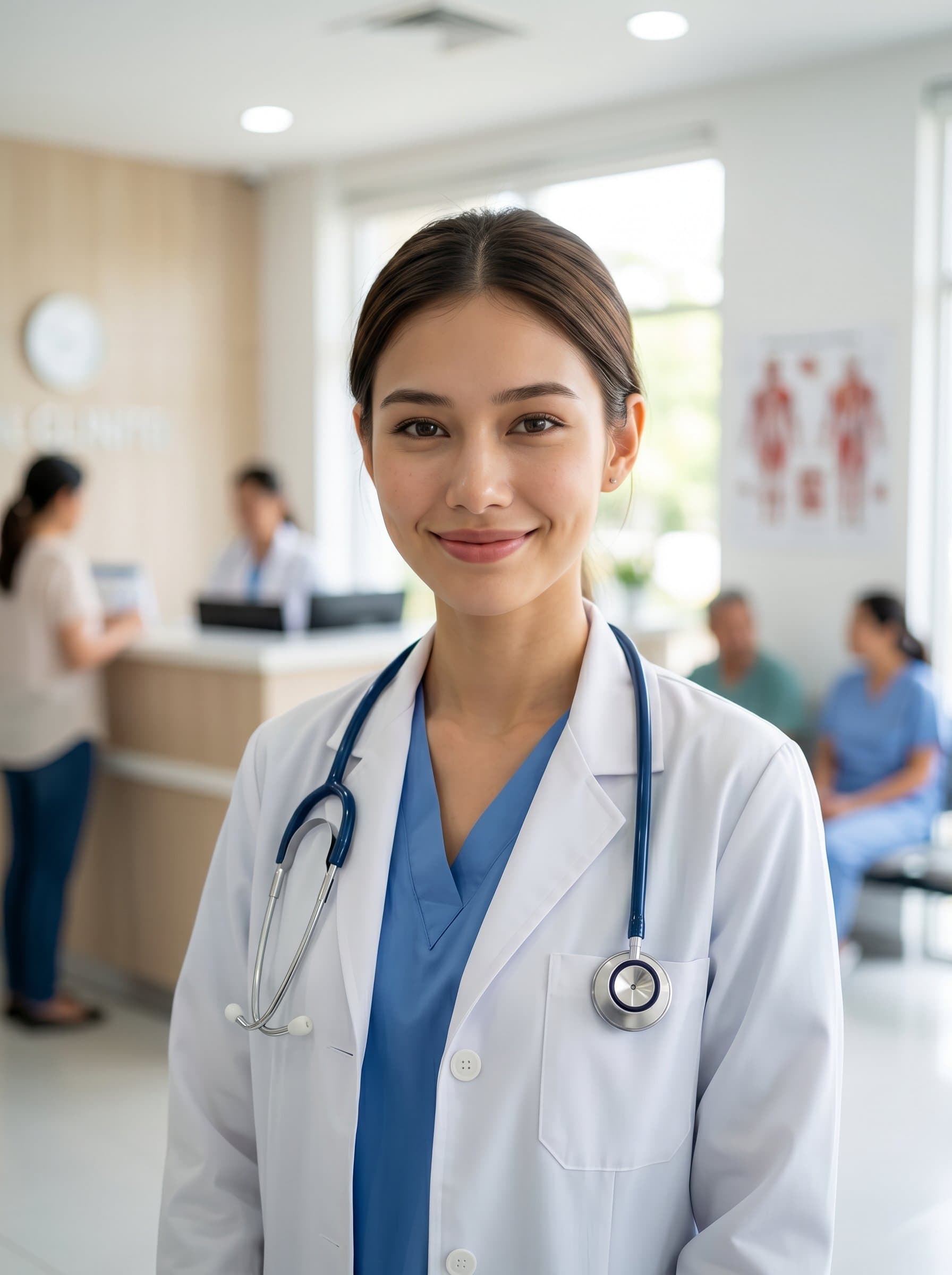 in a tranquil clinic setting, wearing a white coat and polished stethoscope, offering a reassuring smile, their eyes depicting a caring nature, ready to make a positive impact in healthcare.