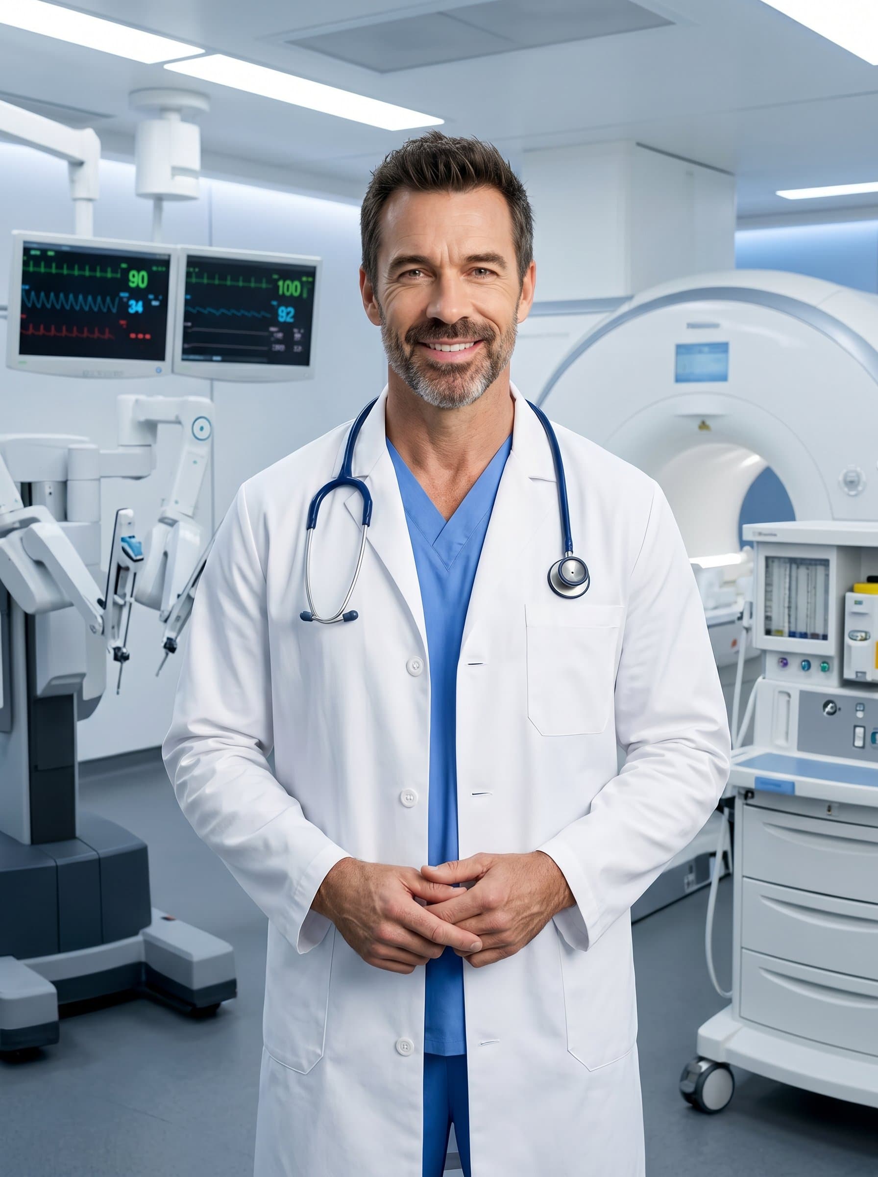 With a backdrop of medical equipment, stands poised and professional, white coat buttoned and stethoscope visible, their friendly expression offering comfort, symbolizing the union of technology and compassionate care.