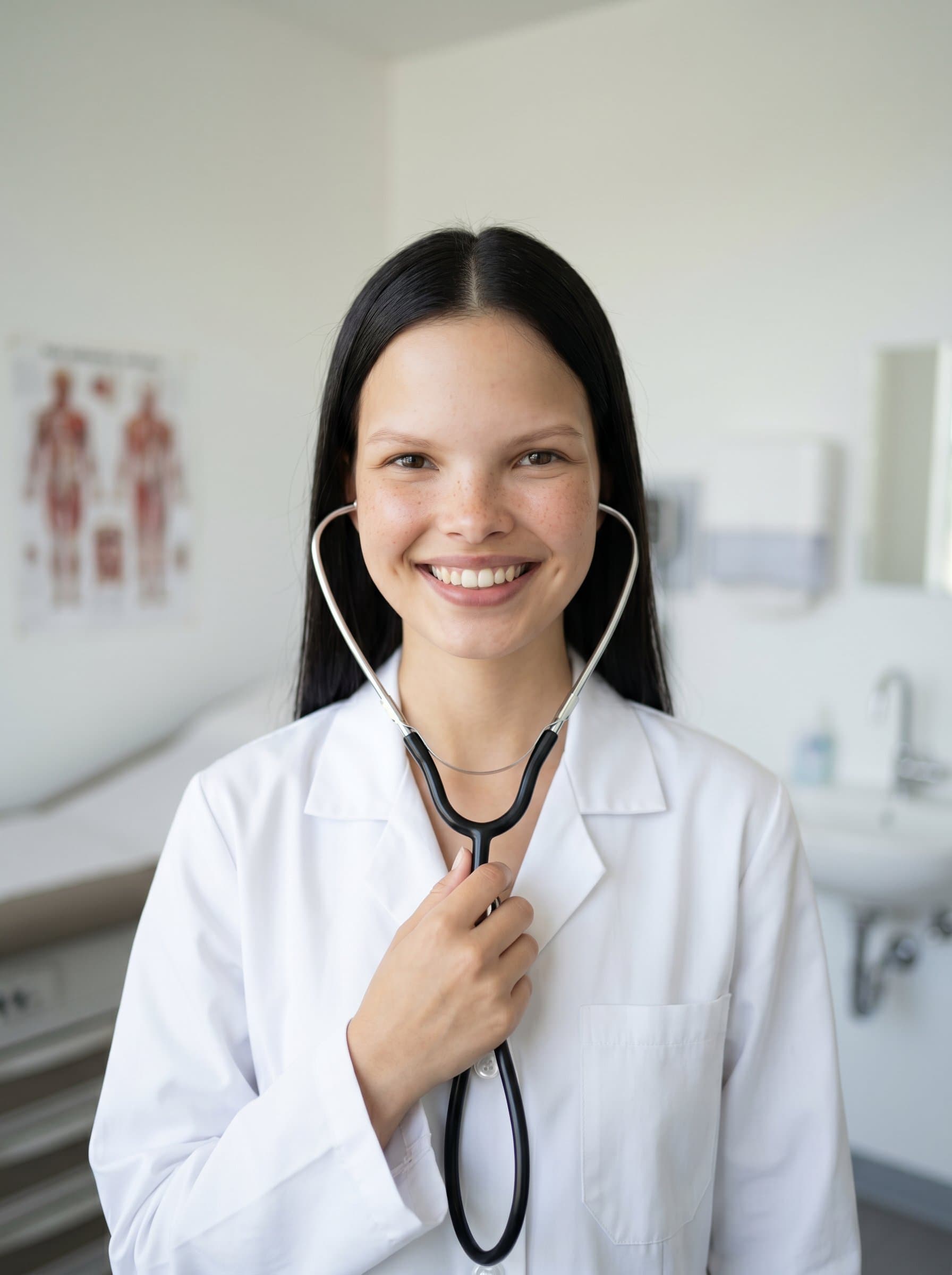 in a bright examination room, wearing a white coat, stethoscope in hand, their expression conveying deep commitment and welcoming interaction, reflective of a reassuring presence in the healthcare environment.