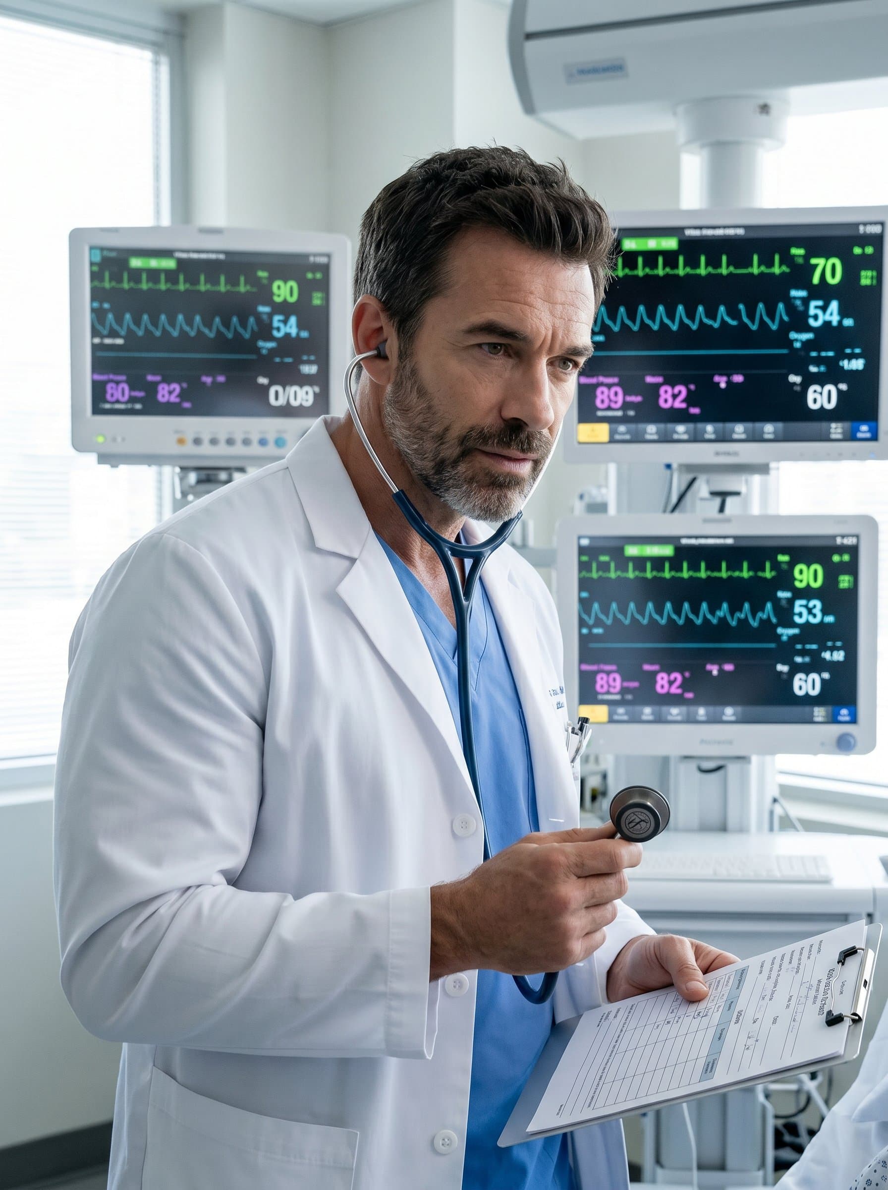 Amidst a digital display of vital signs, stands ready with a stethoscope, their white coat pristine, expression one of attentive listening, reinforcing their role as a bastion of patient care.