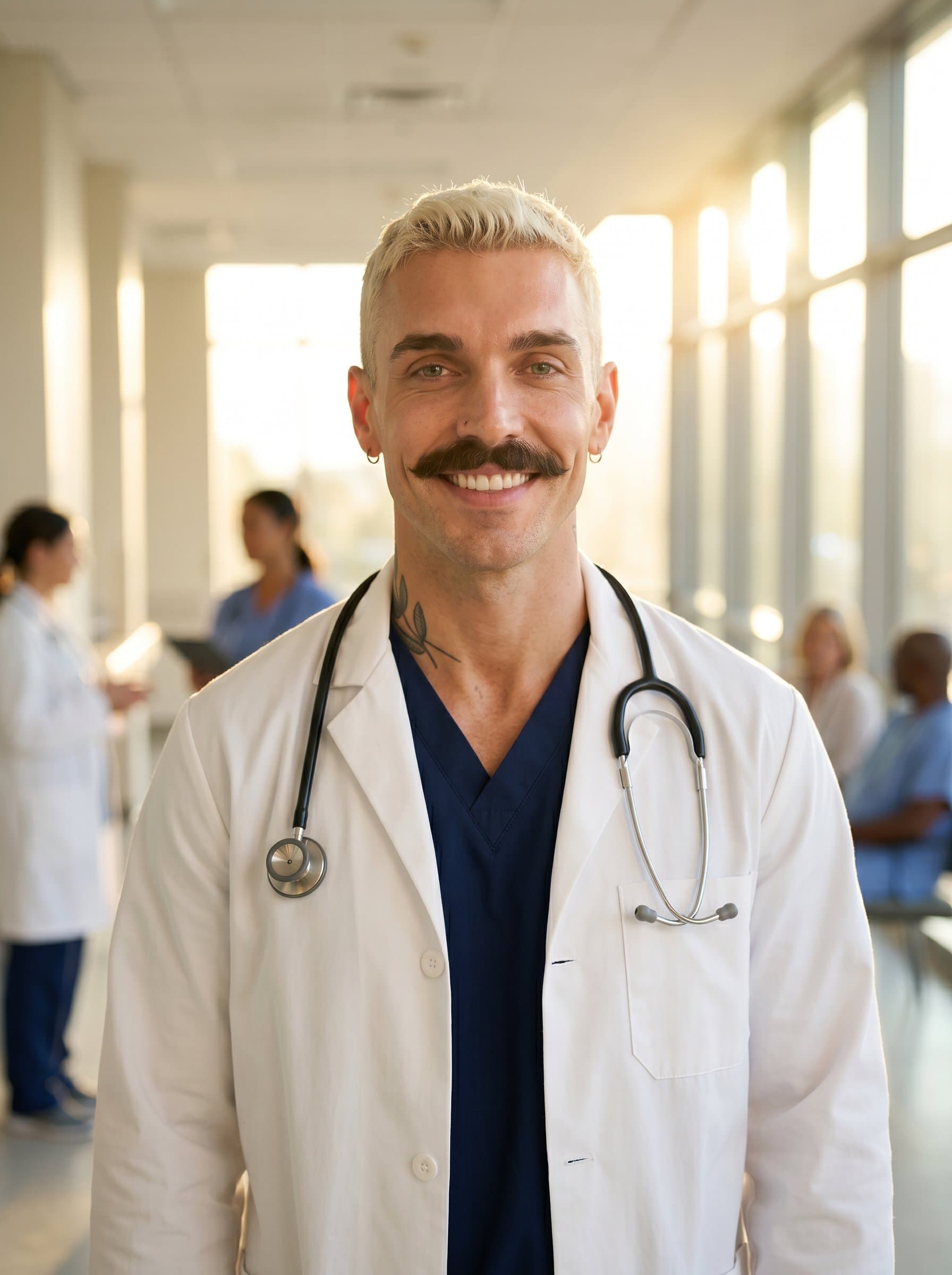 In a sunlit hospital corridor, in a white coat with a stethoscope exudes calm and confidence, their bright expression indicative of a compassionate and skilled healthcare professional.