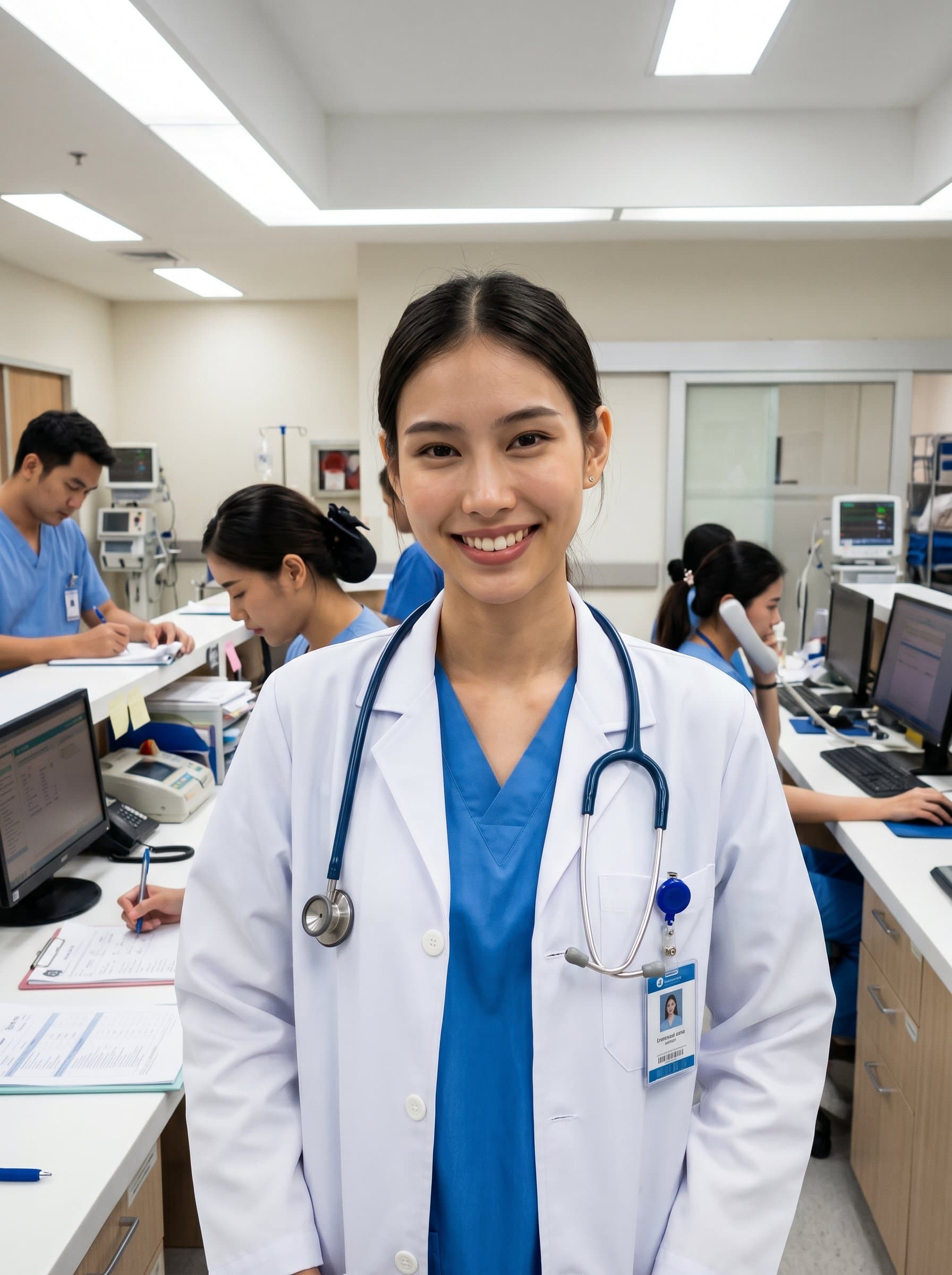 Set against a backdrop of a bustling nurse's station, in a white coat, stethoscope casually worn, projects readiness and empathy, essential qualities for nurturing therapeutic relationships in healthcare.