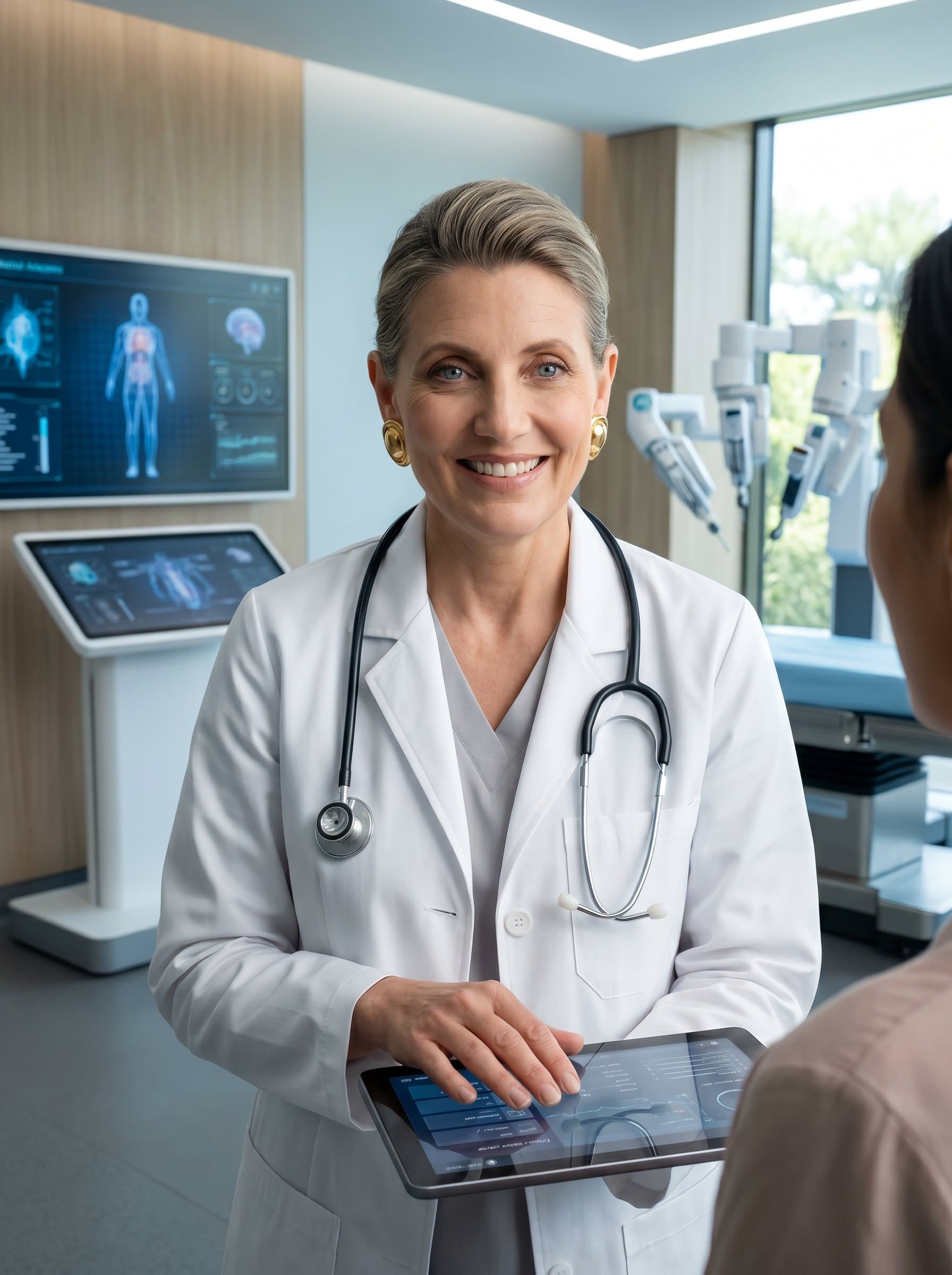 centered in a state-of-the-art clinic, wearing a white coat with a stethoscope, their expression open and kind, highlighting a commitment to merging technology with personal patient interaction.