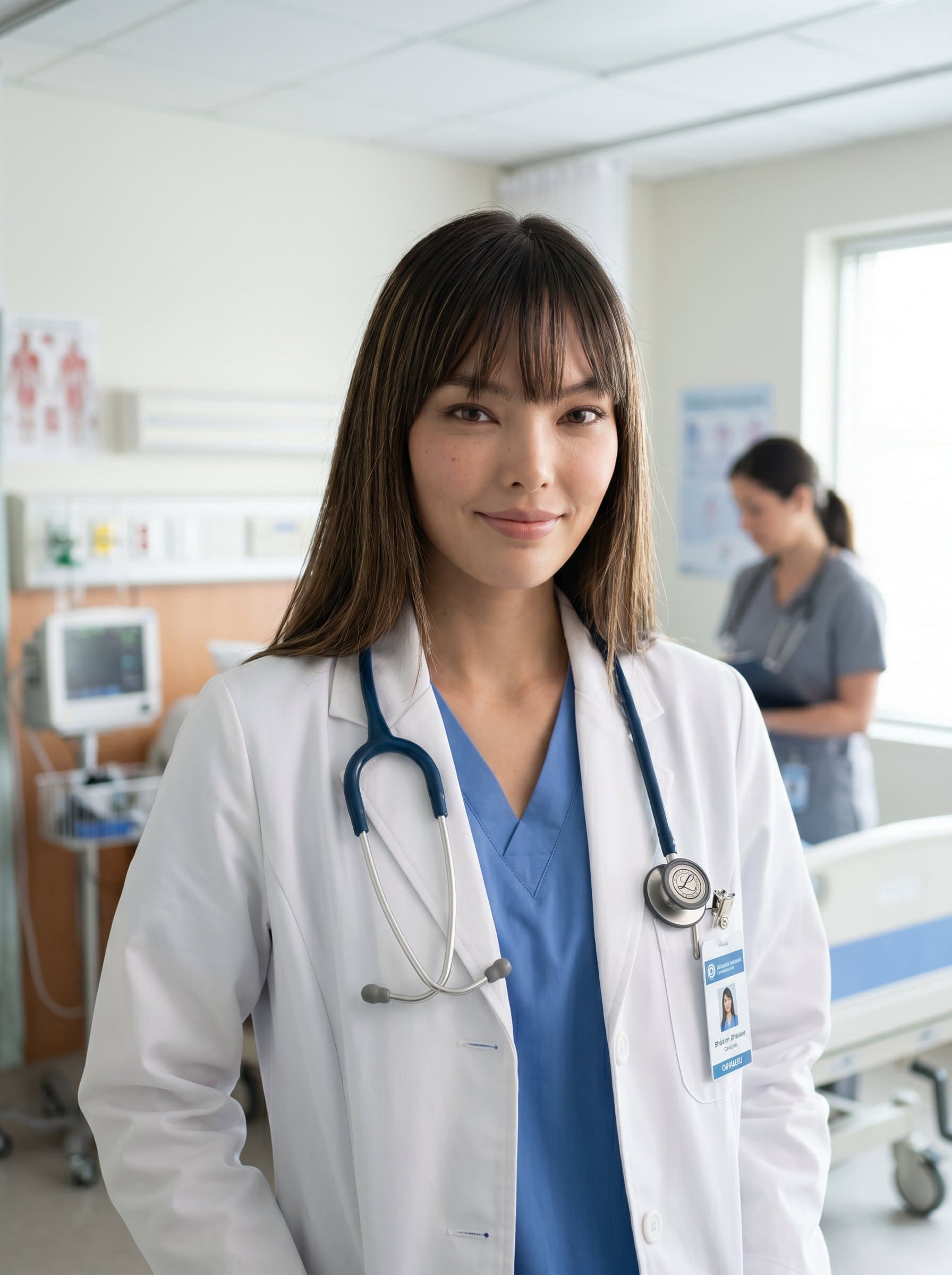 In a well-lit hospital room, is depicted with a stethoscope around their neck, white coat immaculate, projecting a calm and approachable demeanor that promotes confidence in their medical abilities.