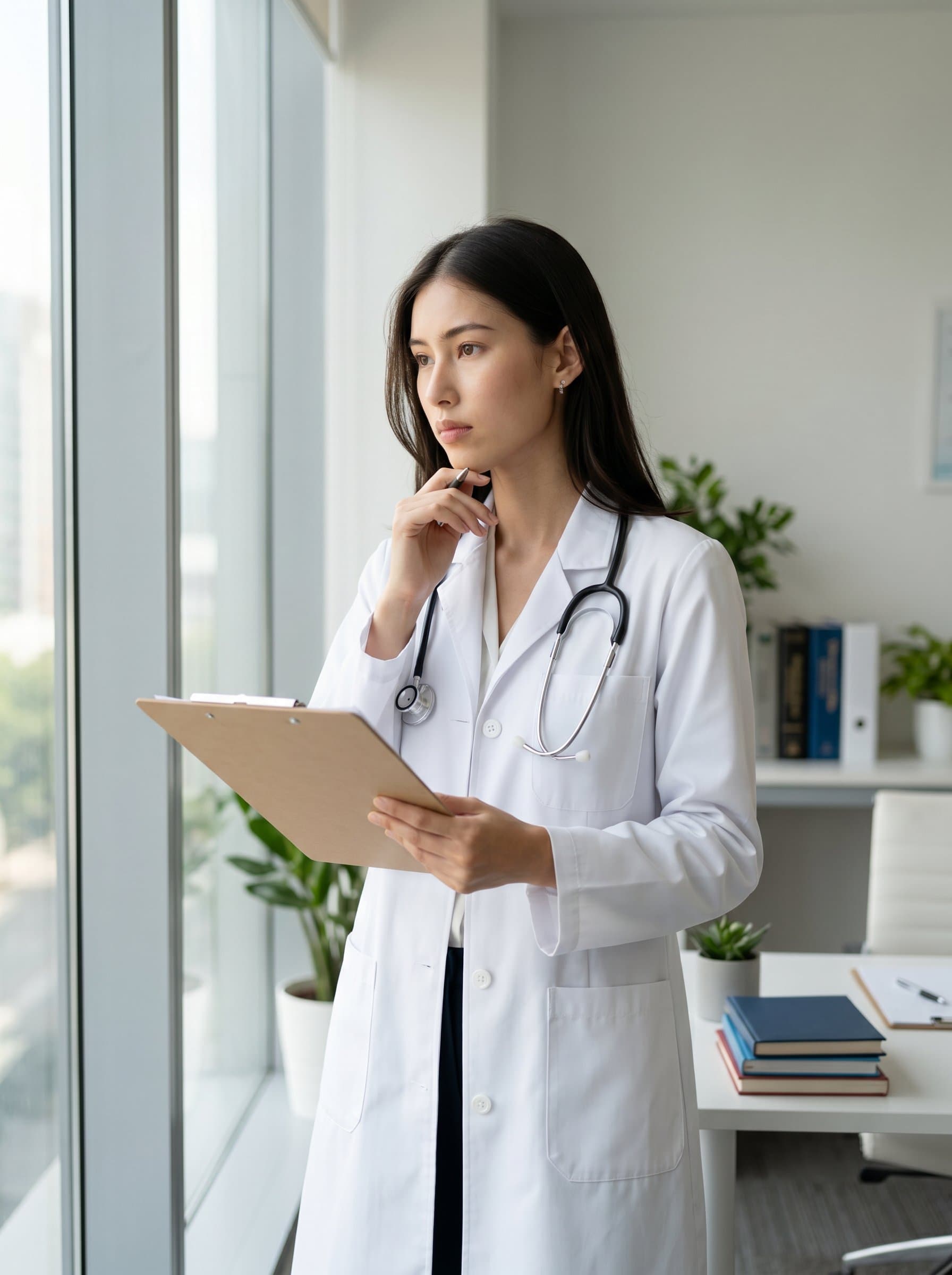 captured near a window with natural light, wearing a white coat with stethoscope, their thoughtful expression and relaxed posture reflecting empathy and professionalism, fostering an environment of healing and trust.