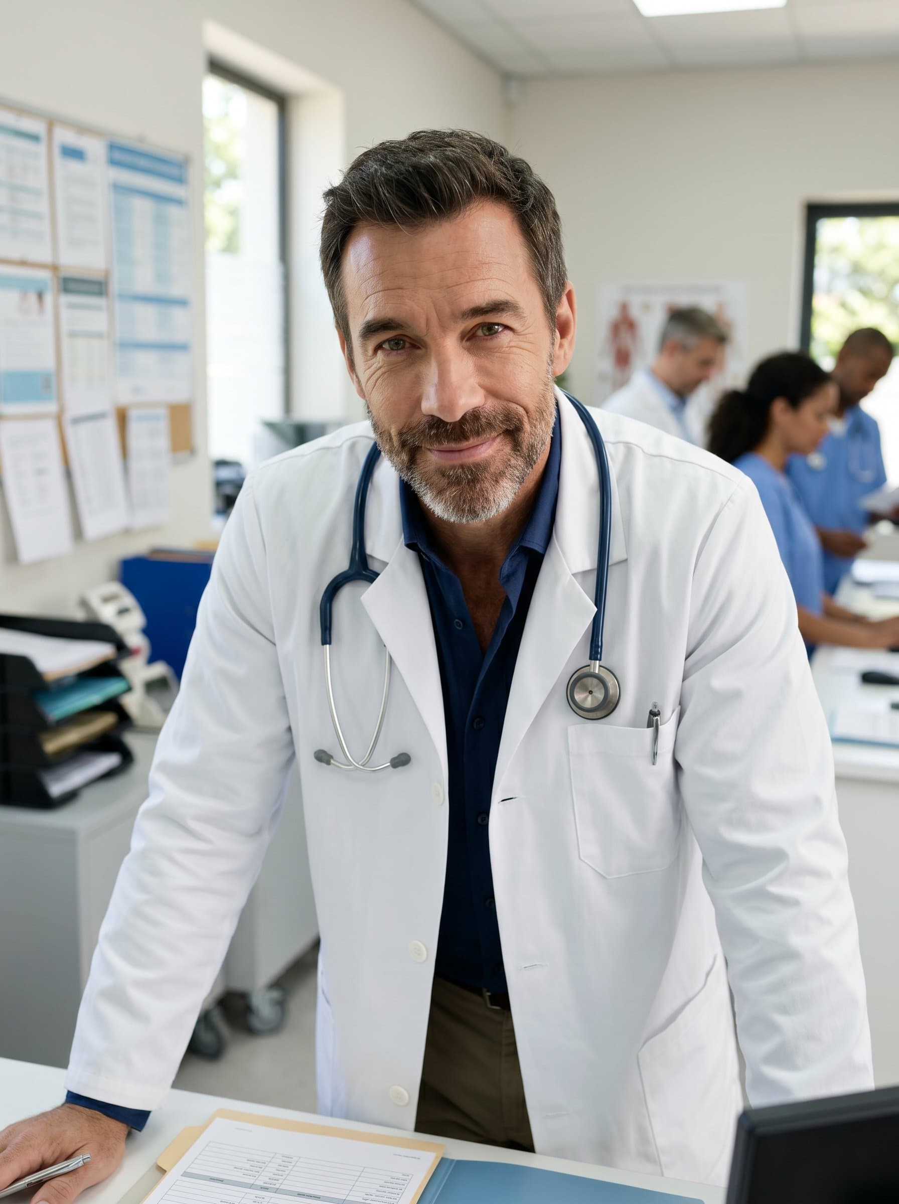 In an engaging healthcare setting, leans slightly forward, white coat adorned with a stethoscope, their considerate eyes and gentle smile inviting candid communication and support for patients.
