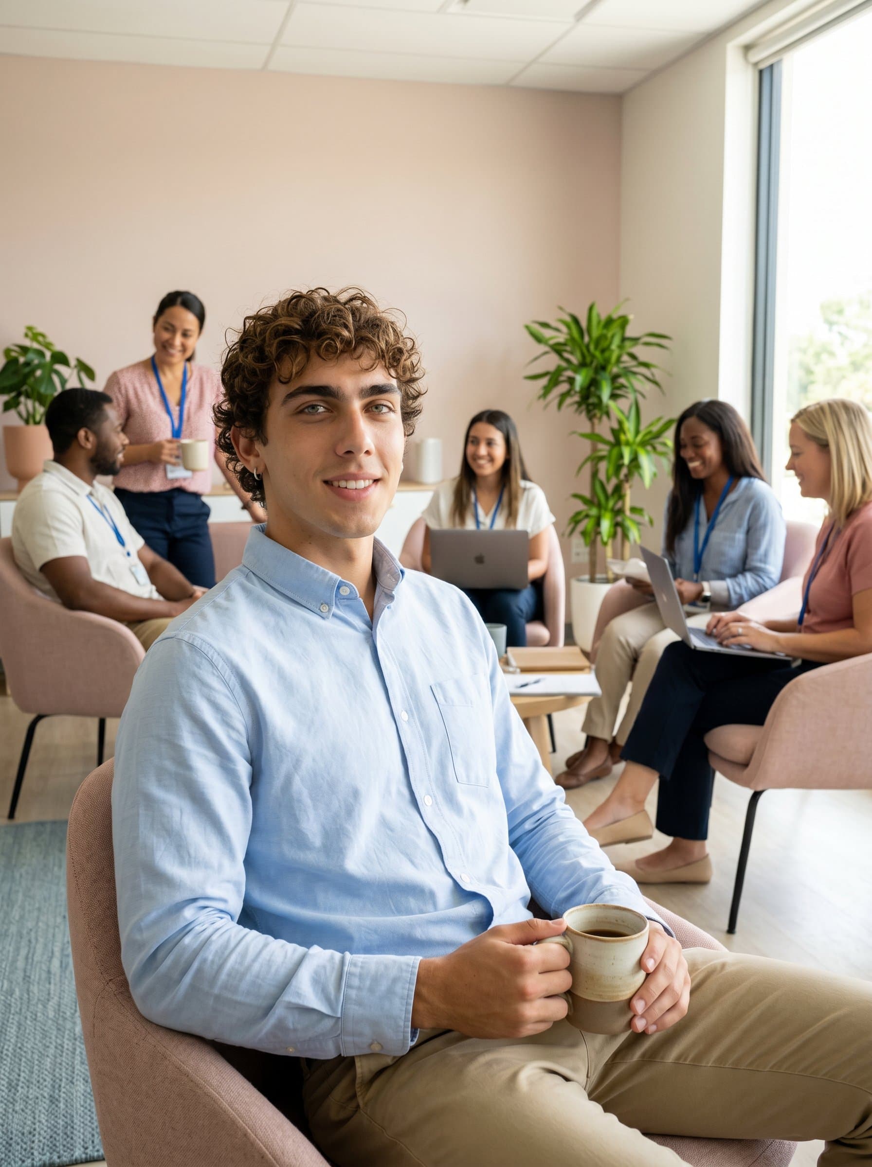 Seated in a serene staff room, is holding a coffee mug, exuding calm and professionalism. The setting is relaxed, with soft colors and natural light, portraying a supportive and collegial teaching community.