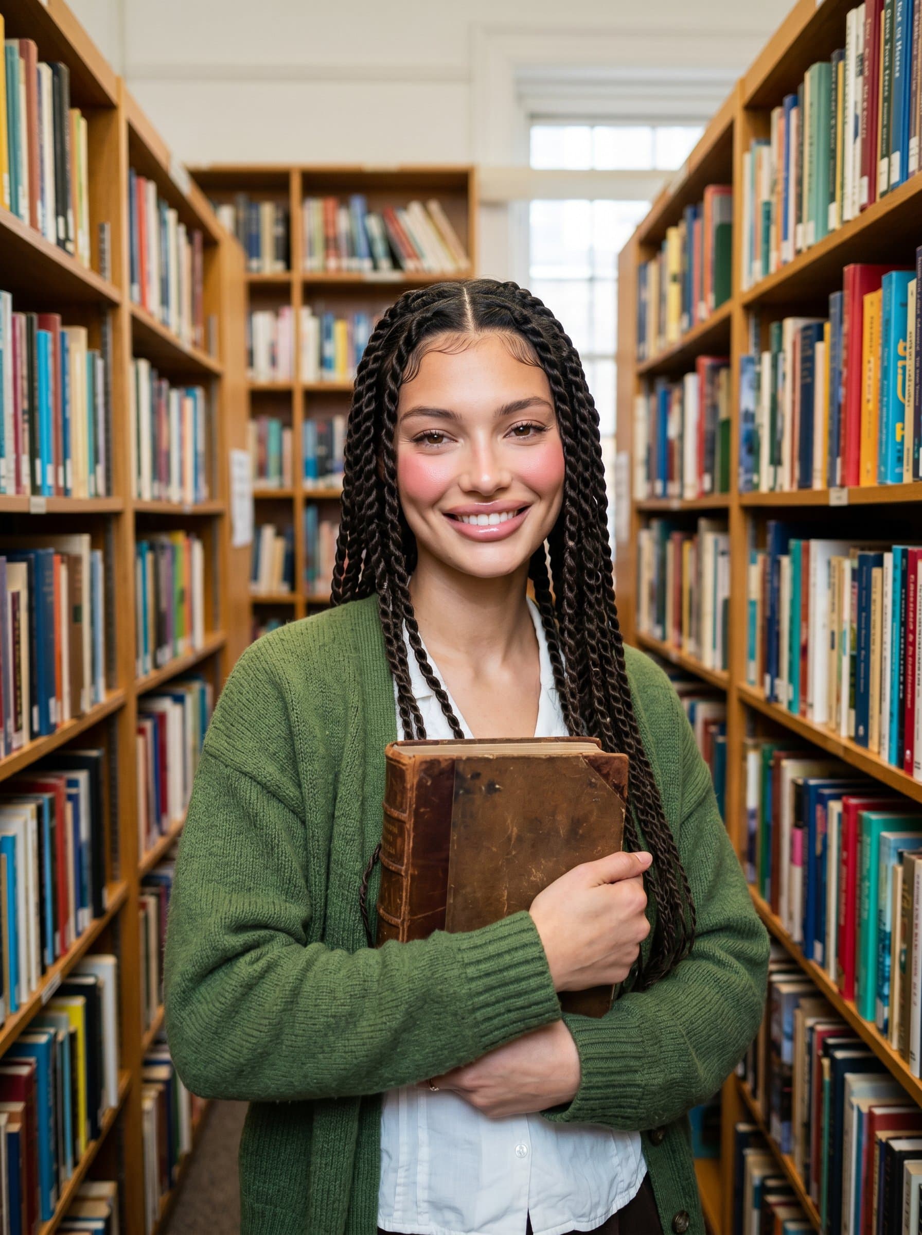 In a library setting, stands holding a thick book, shelves full of diverse literature behind. Their expression is inviting, suggesting a passion for reading and sharing knowledge. Bright, even lighting highlights their approachable nature.