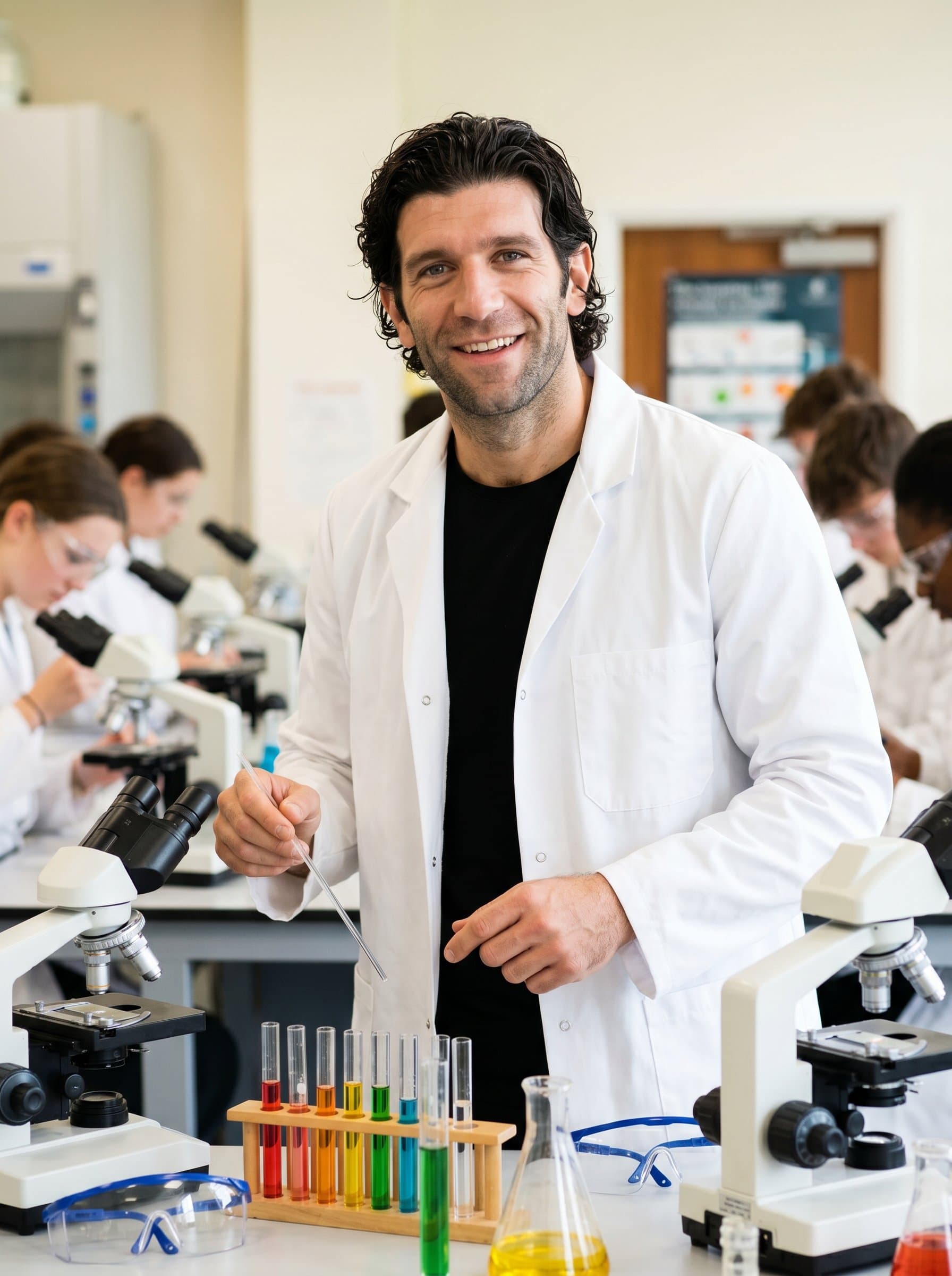 A science teacher, in a lab coat, standing confidently in a laboratory with microscopes and test tubes. Their expression is encouraging, suggesting a hands-on, experimental approach to teaching.