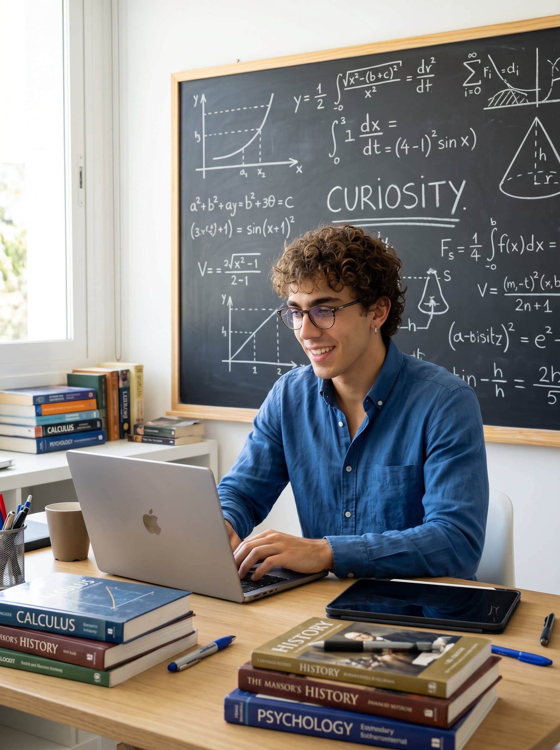 seated at a desk with an open laptop, surrounded by books and stationery, conveying a modern educator's tech-savvy approach. The background shows a blackboard with math equations, symbolizing knowledge and curiosity.