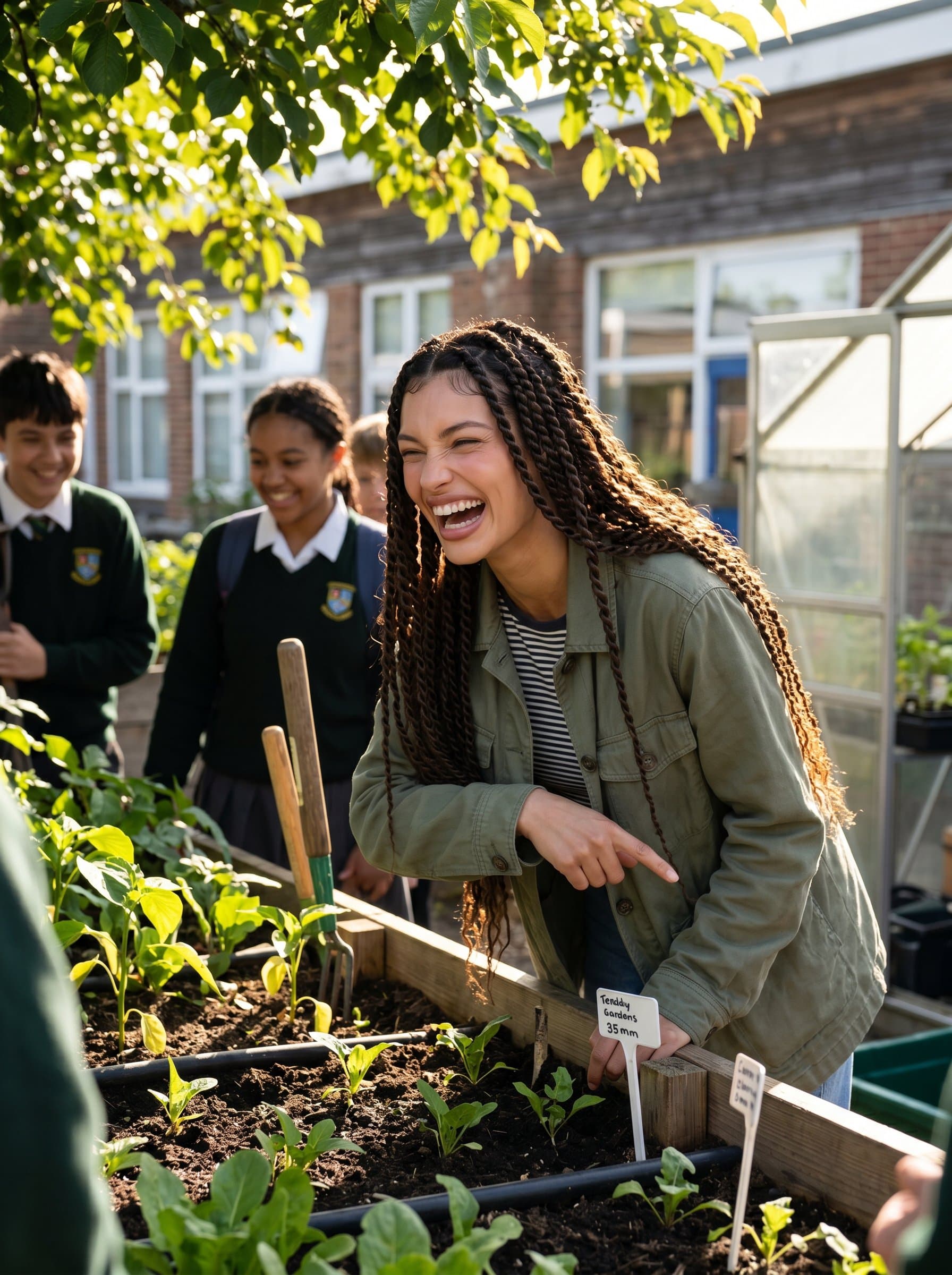 Against a backdrop of a school garden, is captured mid-laugh, embodying joy and a love for outdoor learning. Sunlight filters through the leaves, creating a dynamic and uplifting scene, perfect for a biology teacher.