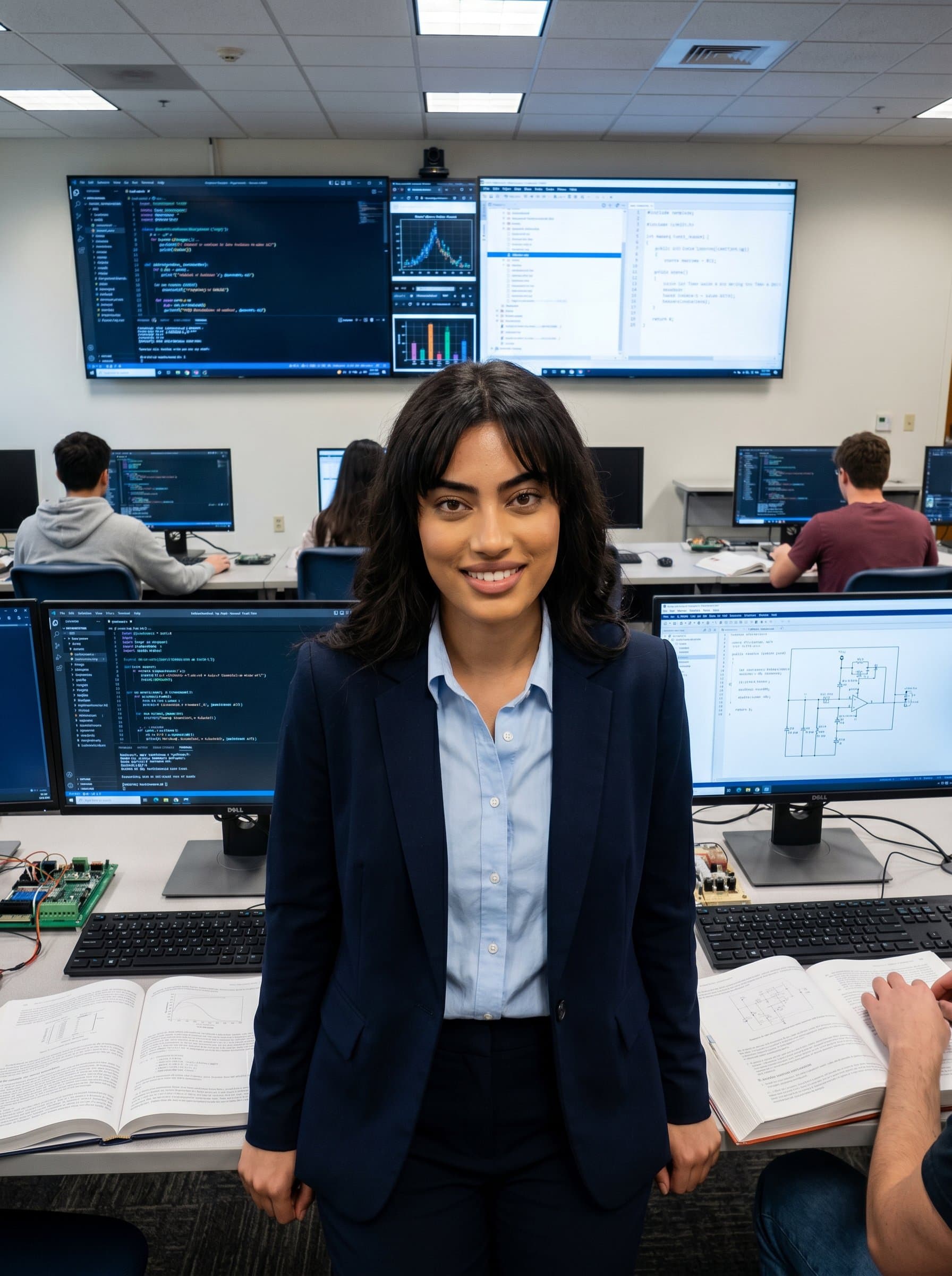 stands in a computer lab, with screens displaying coding languages behind them, reflecting a commitment to STEM education. Their expression is focused yet approachable, suggesting a capacity to tackle complex subjects.