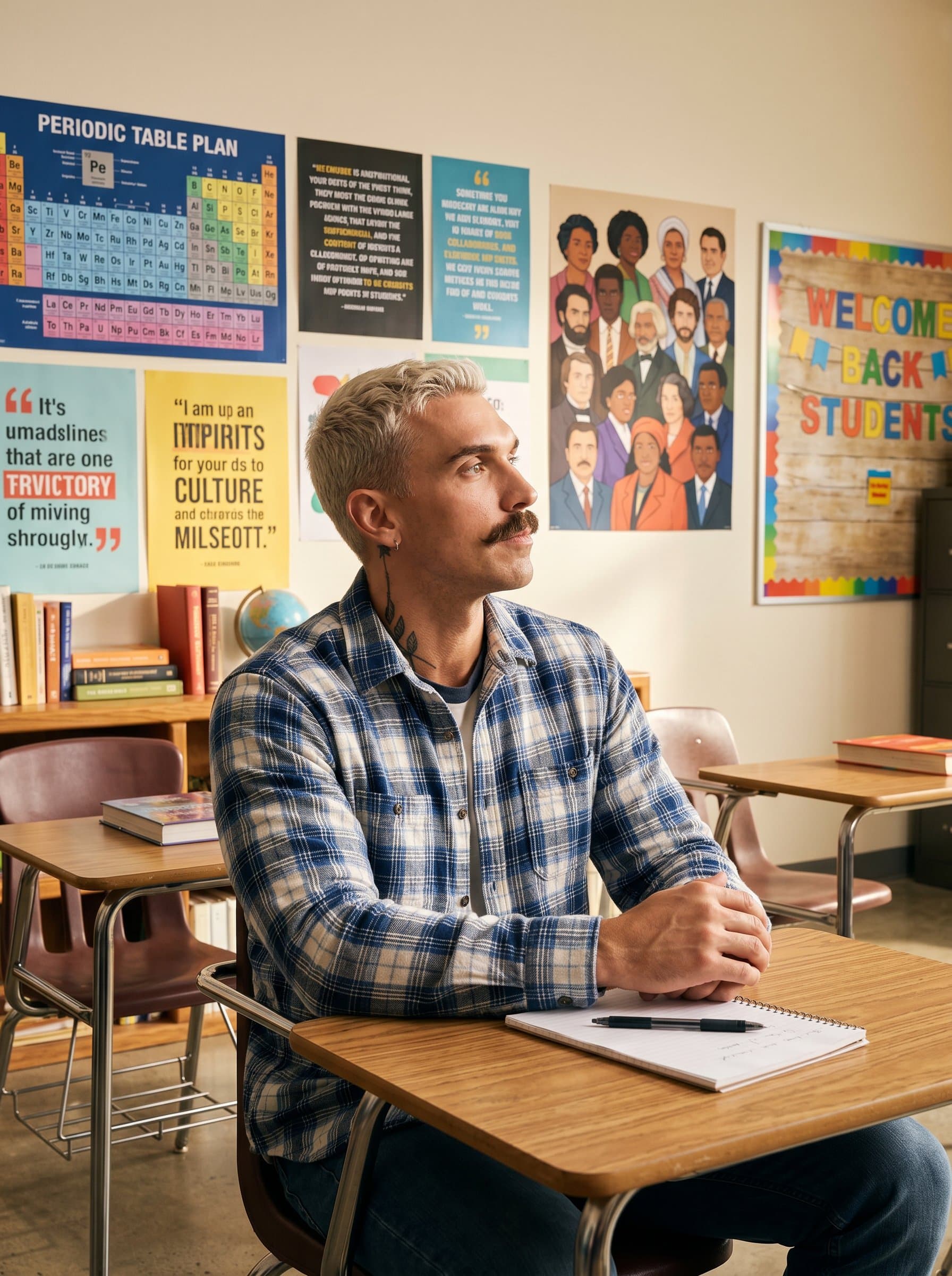 sits at a student's desk, engaging with educational posters on the wall, wearing casual attire, projecting an inclusive and collaborative teaching style. The image captures a moment of reflection and readiness for the school year.
