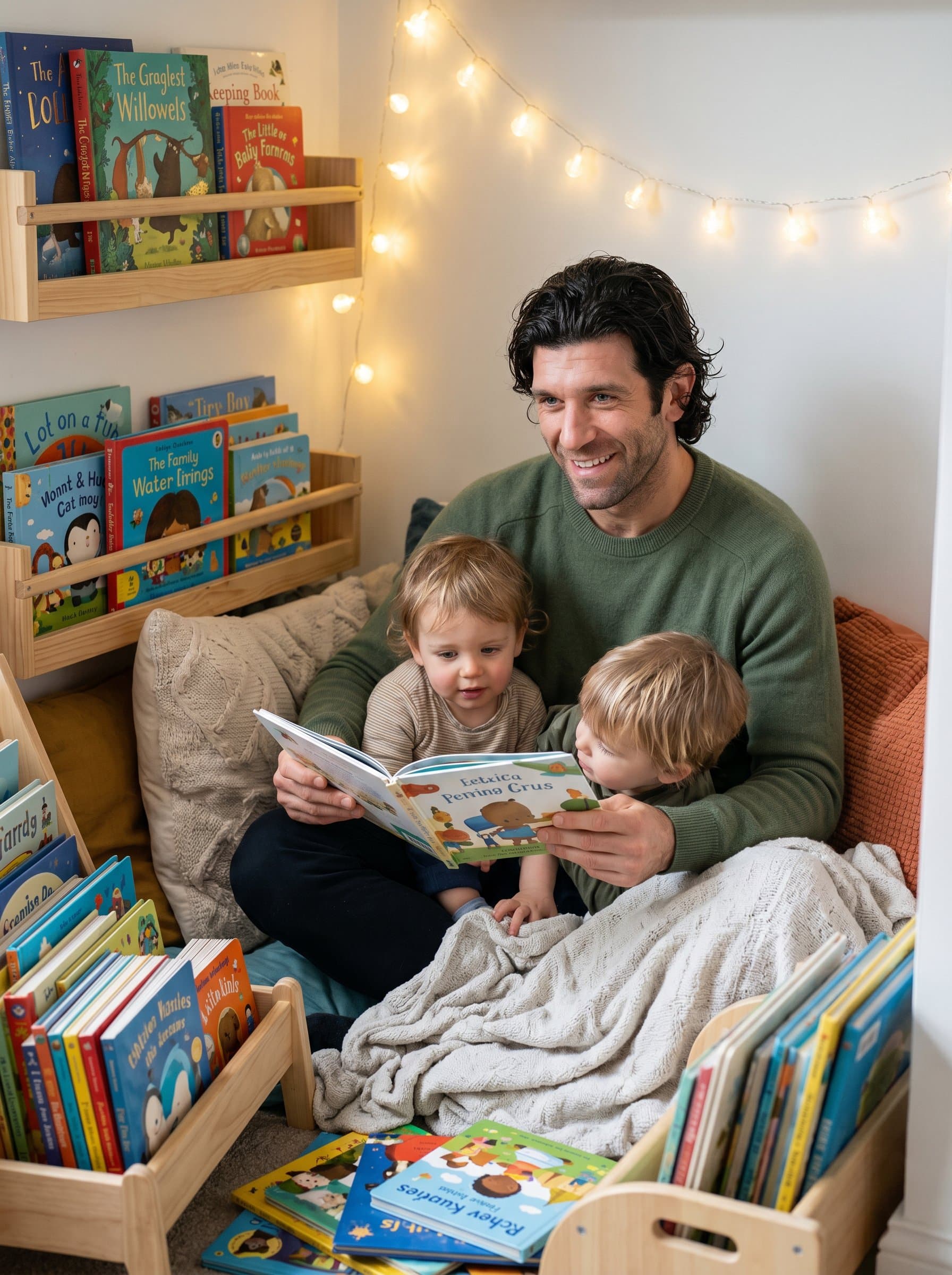 A reading specialist, in a cozy reading nook, with pillows and children's books around them. Their warm smile and relaxed posture exude patience and a nurturing demeanor, perfect for engaging young learners.