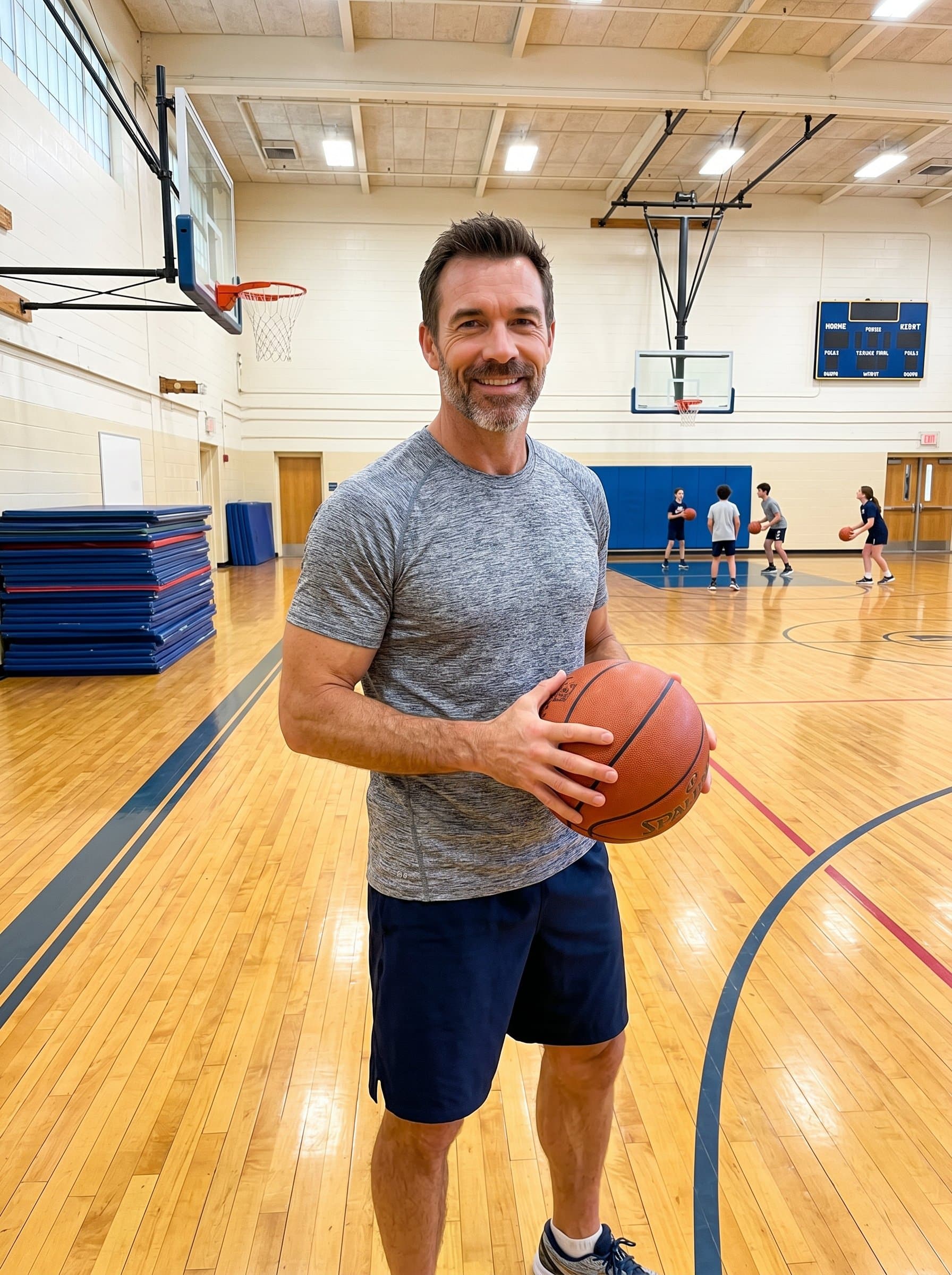 Captured in a gymnasium, is dressed casually, holding a basketball, with sports equipment in the background. The image conveys energy and the importance of physical education, appealing to students and parents alike.