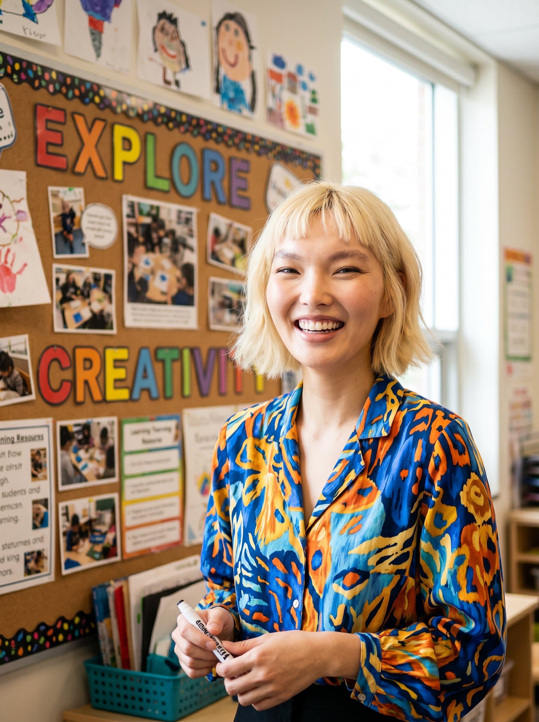 A teacher in front of a colorful classroom bulletin board, smiling warmly, wearing a vibrant shirt, exuding enthusiasm and creativity, ready to inspire students. Natural lighting and soft focus for a friendly atmosphere.