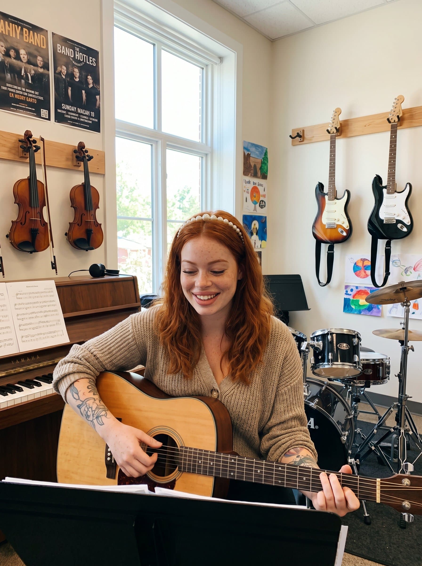 is positioned in a music room with instruments surrounding them, holding a guitar, expressing creativity and harmony. The room is bright and welcoming, reflecting a dynamic, artistic teaching environment.