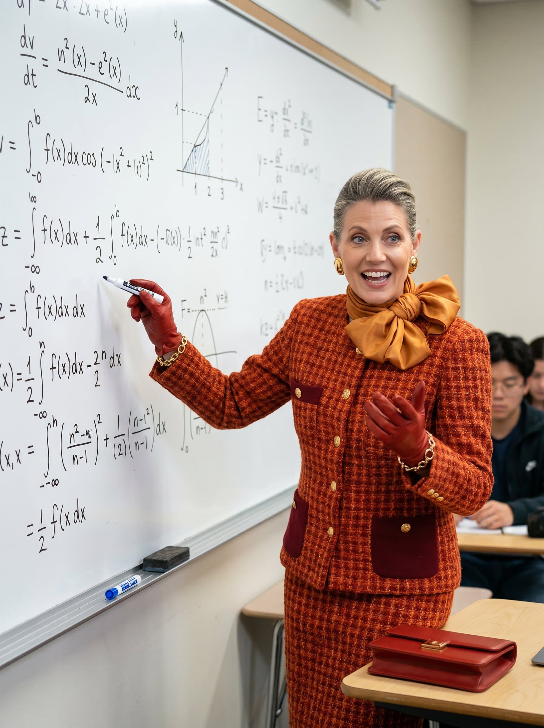 A mathematics teacher, stands next to a large whiteboard filled with complex equations, projecting confidence and expertise. Their animated expression suggests an ability to make even challenging subjects accessible.