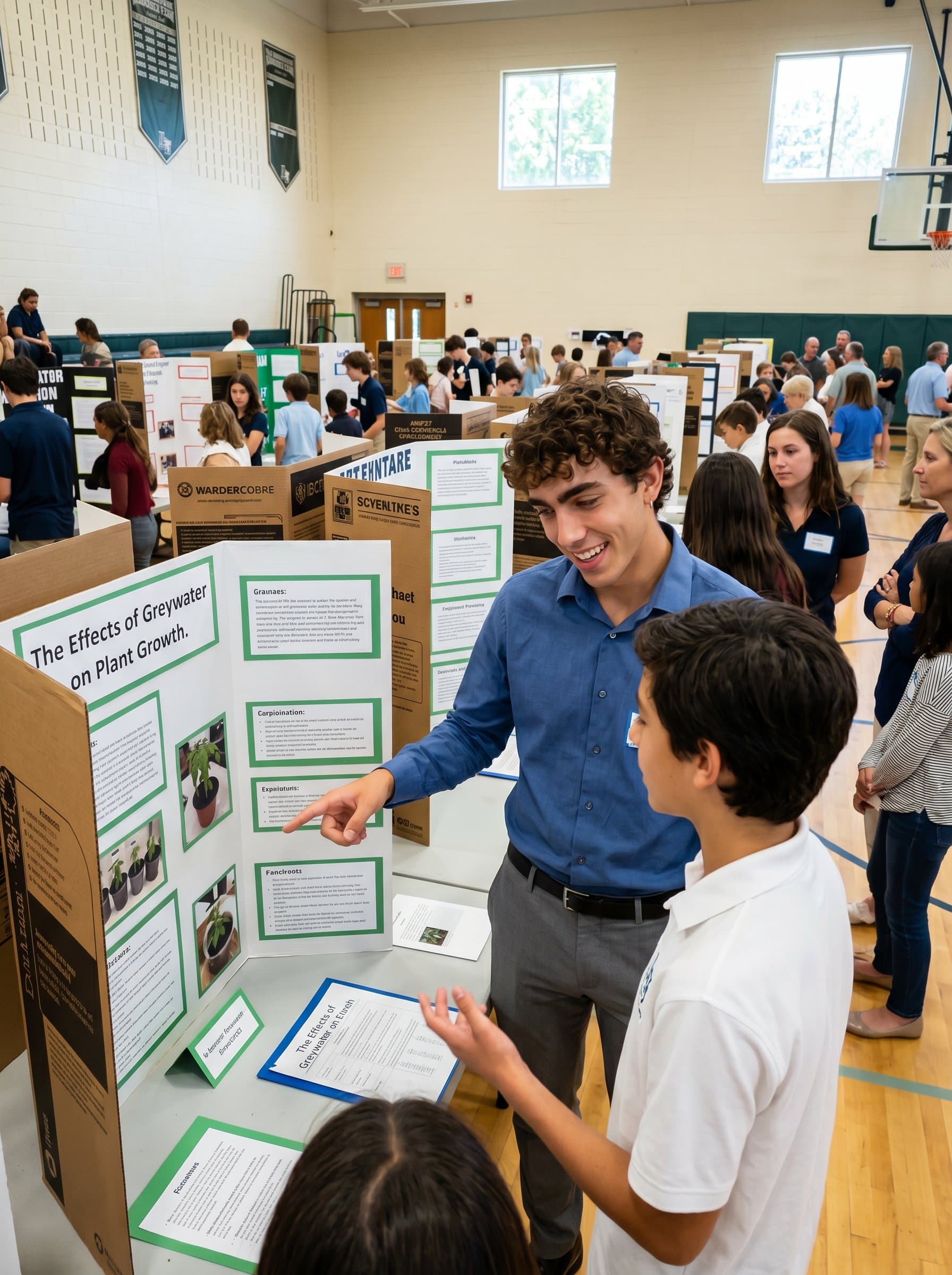 is pictured in a science fair environment, surrounded by student projects and posters. Their engaged and proud expression reflects a dedication to student success and innovative learning.