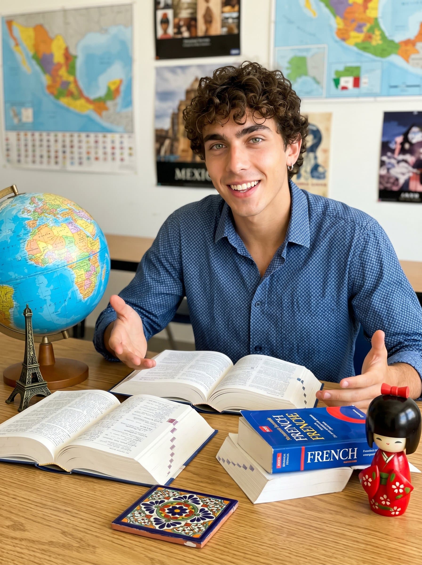 An enthusiastic language teacher, sits at a table with foreign language dictionaries and cultural artifacts. Their inviting expression hints at an immersive and culturally rich classroom experience.