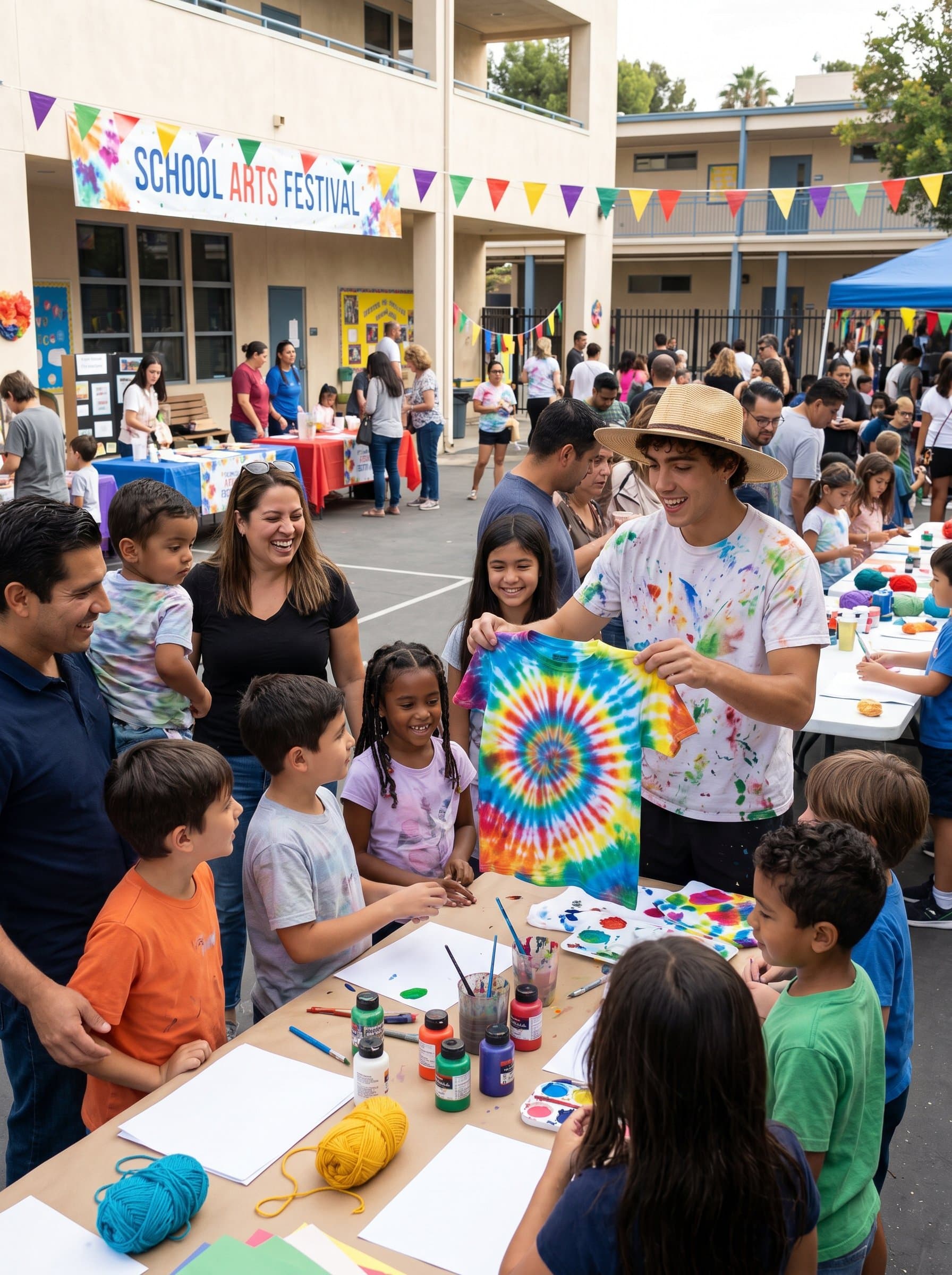 Captured in a vibrant art festival setting on school grounds, is engaged with colorful crafts, suggesting a commitment to fostering creativity and community engagement among students and families.