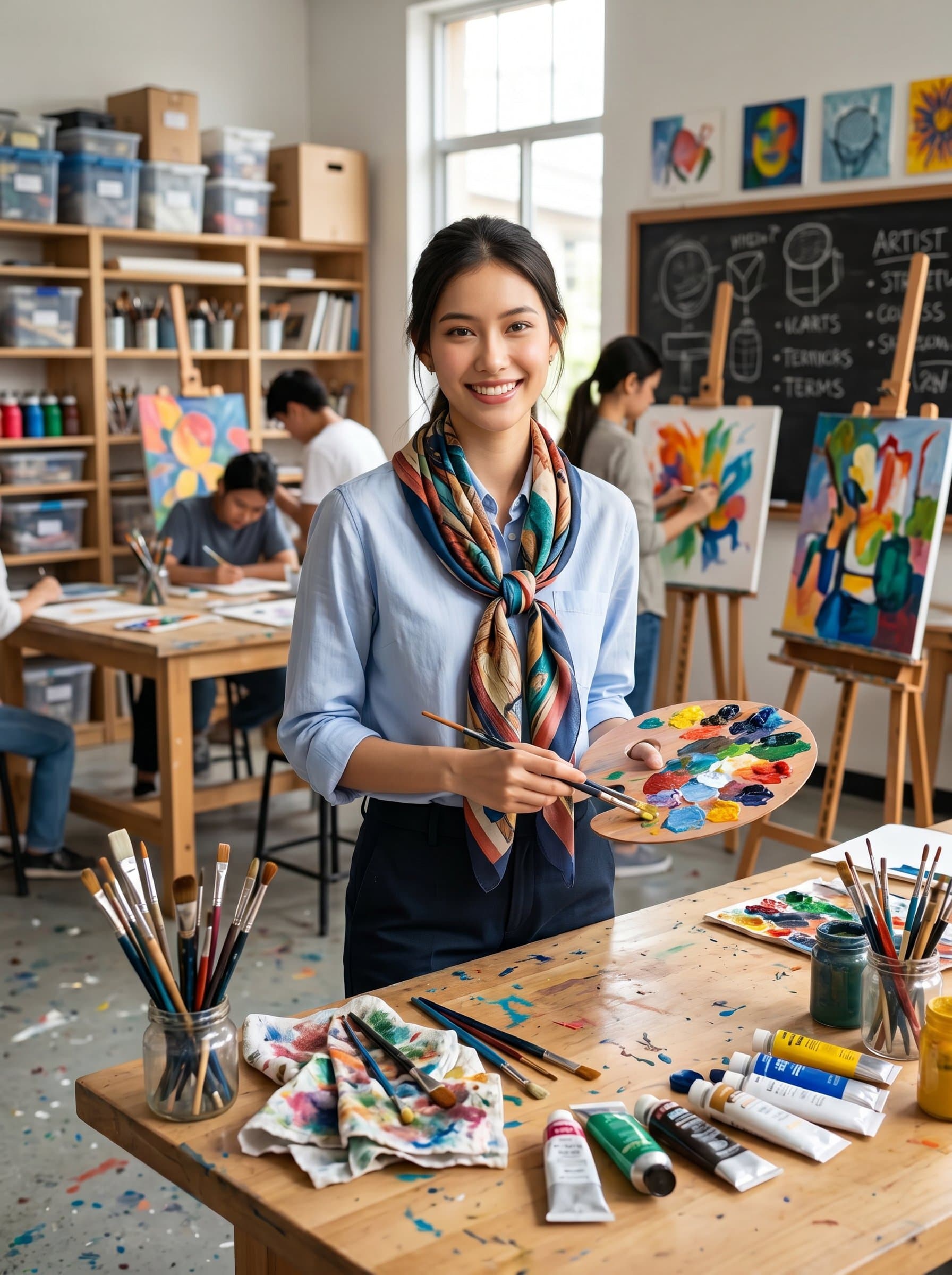 is pictured in an art classroom, surrounded by colorful paint palettes and brushes. Their attire is smart-casual, reflecting an artistic flair, communicating a creative and inspiring environment for students.