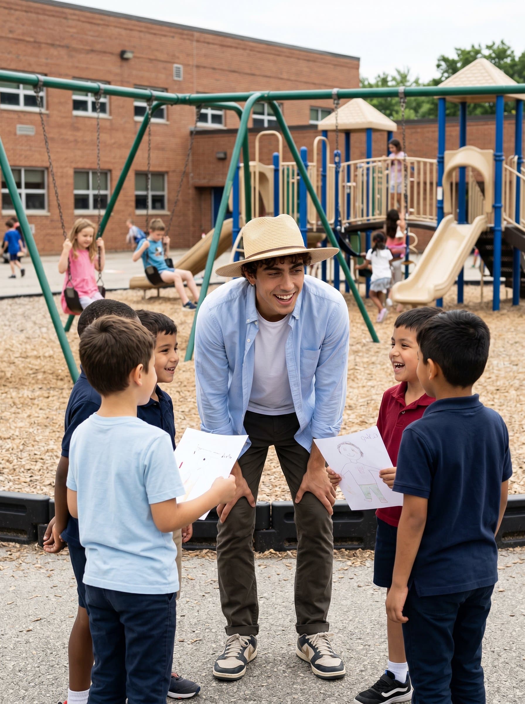 stands near a school playground, in a casual yet professional outfit, interacting with students. The setting is lively, reflecting their commitment to a balanced approach that values both academic and social development.