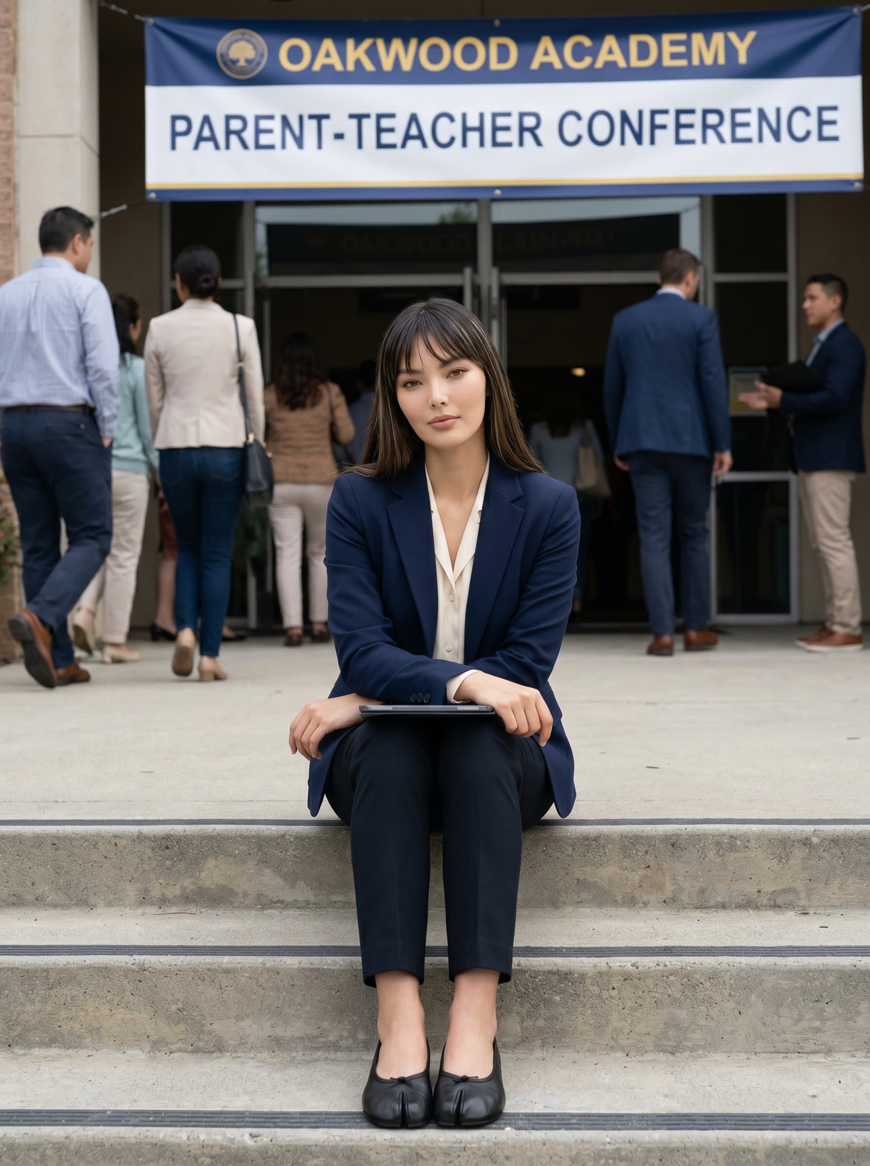 is seated on steps leading to a school entrance, dressed in attire suitable for an upcoming parent-teacher meeting. The background shows a school banner, enhancing their authoritative yet approachable presence.