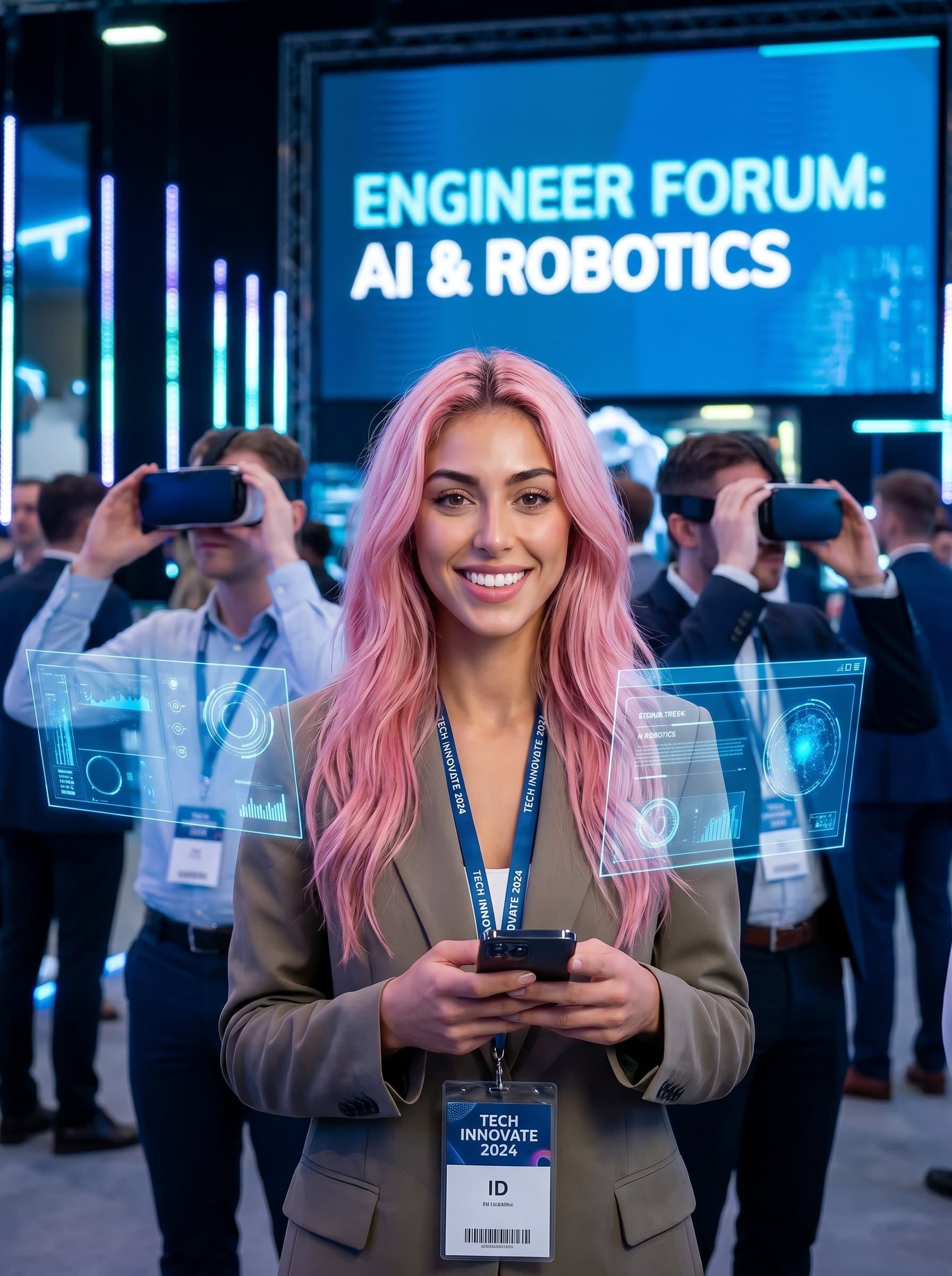 : Show an engineer at a bustling tech conference, with VR headsets and holograms nearby. The headshot highlights networking skills and cutting-edge knowledge, featuring a digital display board in the background.