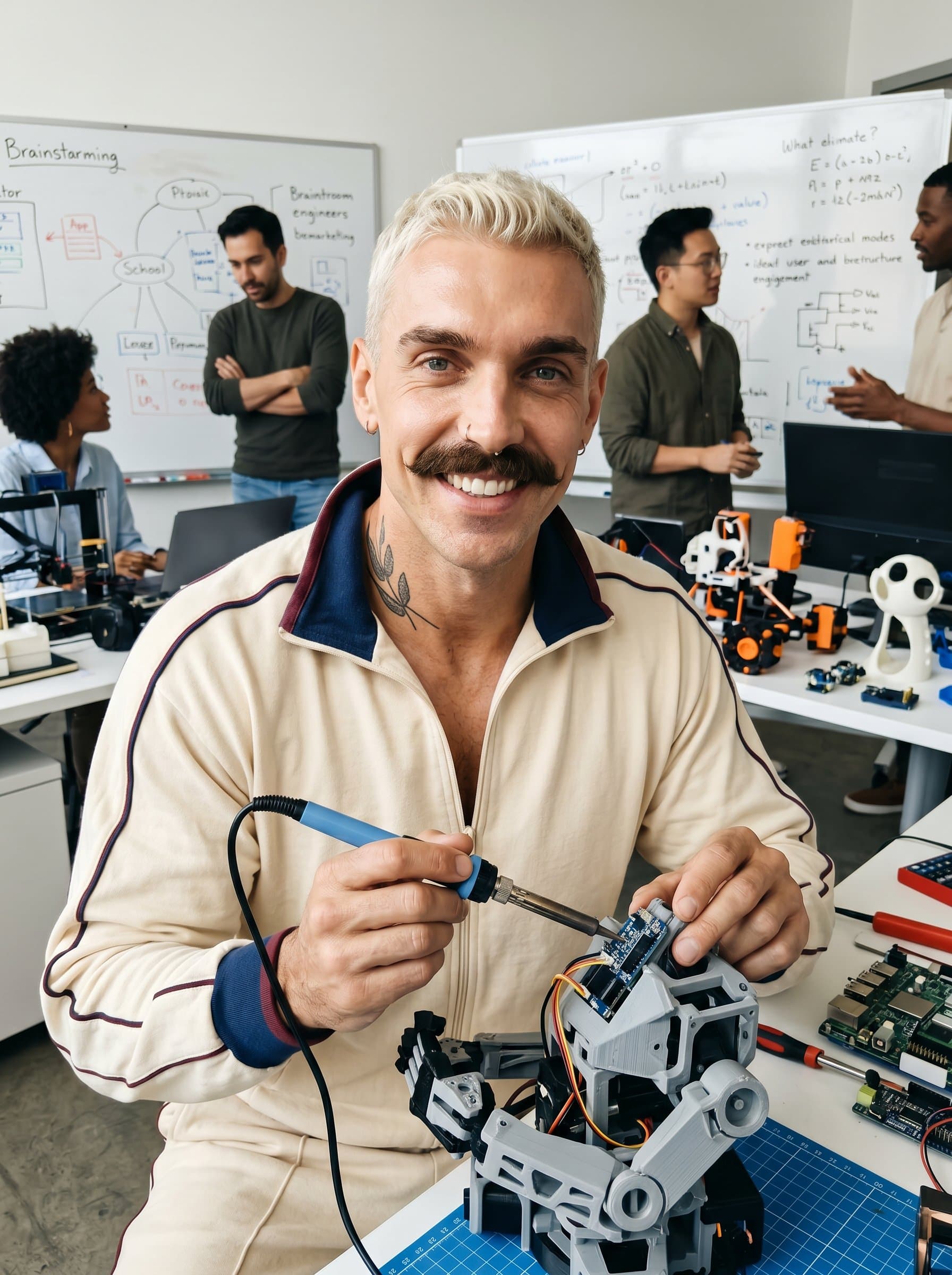 : Capture an engineer in a tech start-up incubator, filled with creative prototypes and brainstorming sessions. The headshot signals entrepreneurship and hands-on innovation.