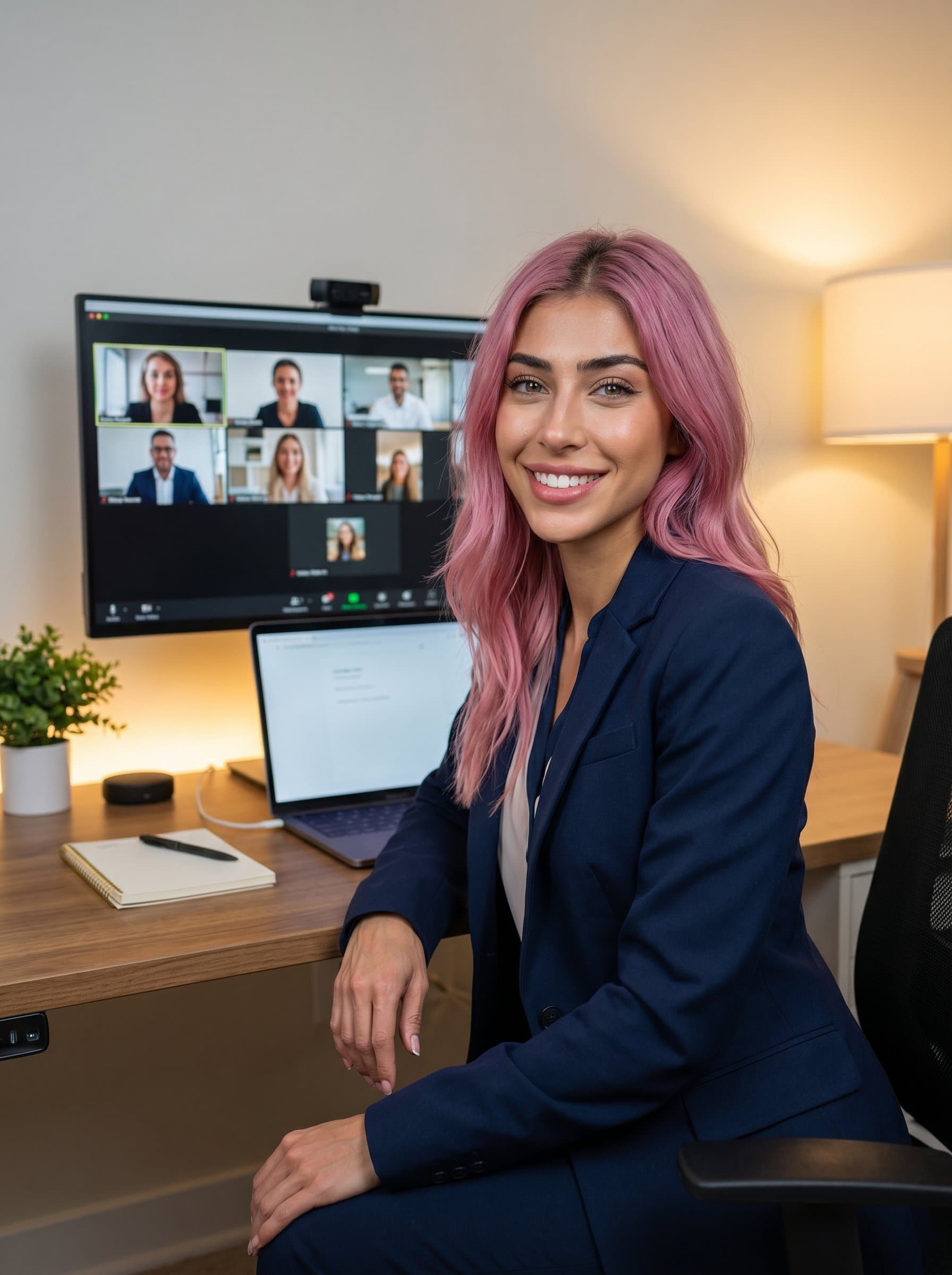 : Present an engineer in a sleek home office setup, with a virtual meeting on a large screen. The headshot highlights remote work adaptability and professionalism in a cozy environment.