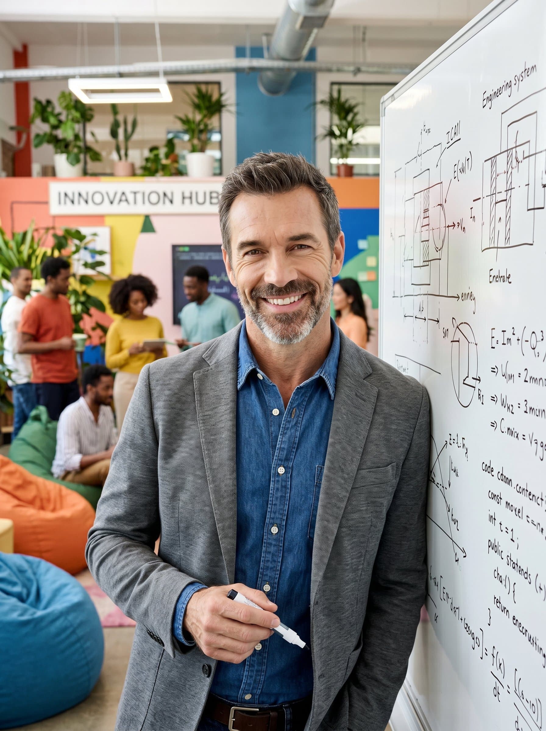 : Display an engineer at a vibrant start-up office, with whiteboards filled with complex algorithms. The headshot emphasizes creativity and problem-solving, amidst colorful decor and energizing atmosphere.