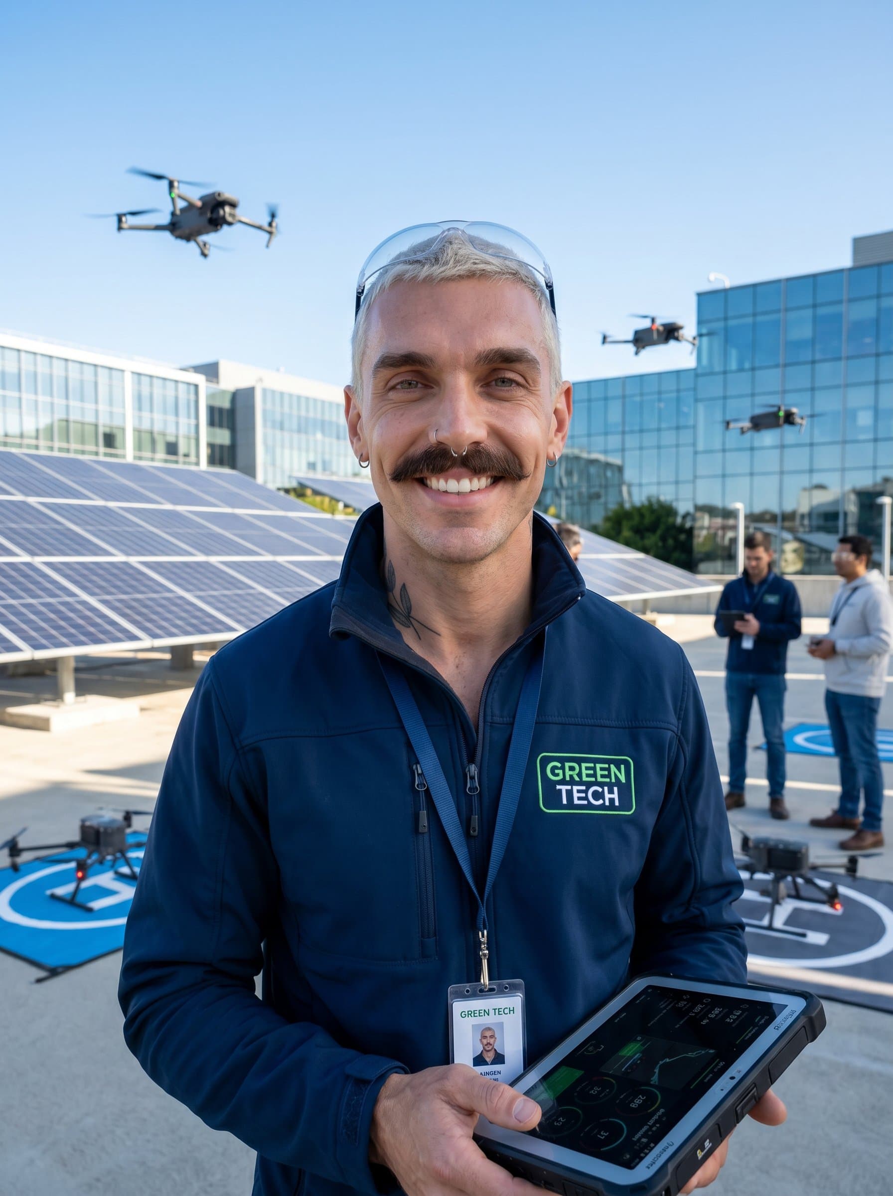 : Depict an engineer in an outdoor tech campus, surrounded by smart drones and solar panels. The headshot portrays sustainability and innovation, with a clear blue sky adding a natural touch.
