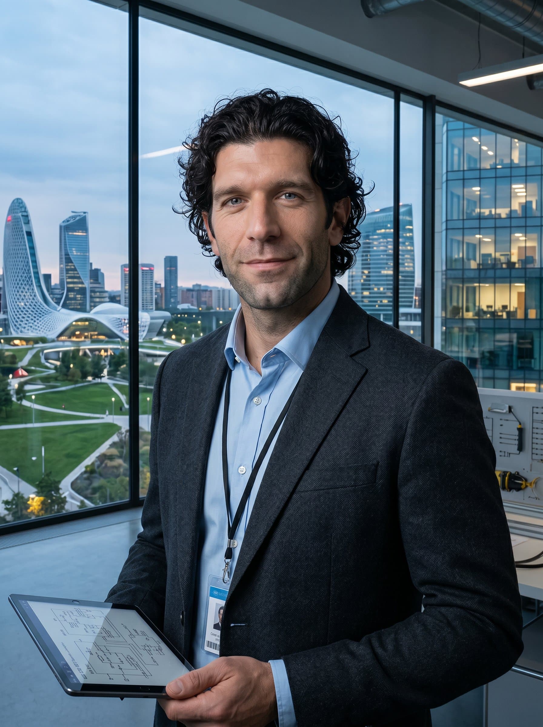 : Depict an engineer in a high-rise office with a panorama of a tech city below. The headshot captures ambition and a connection to the broader tech ecosystem.
