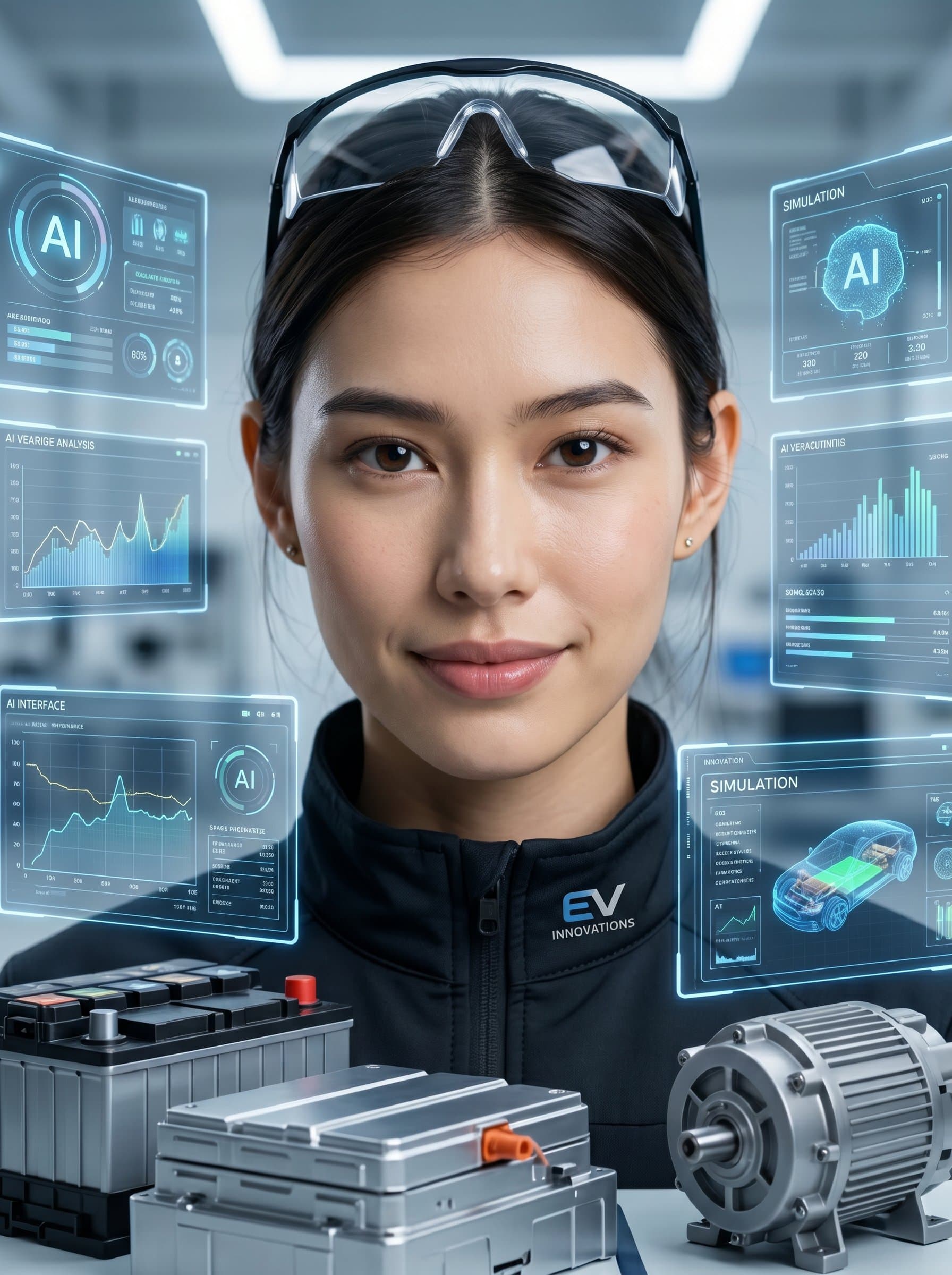 : Present an engineer in a futuristic automotive lab, surrounded by electric car components and AI interfaces. The headshot conveys pioneering spirit and sustainable innovation.